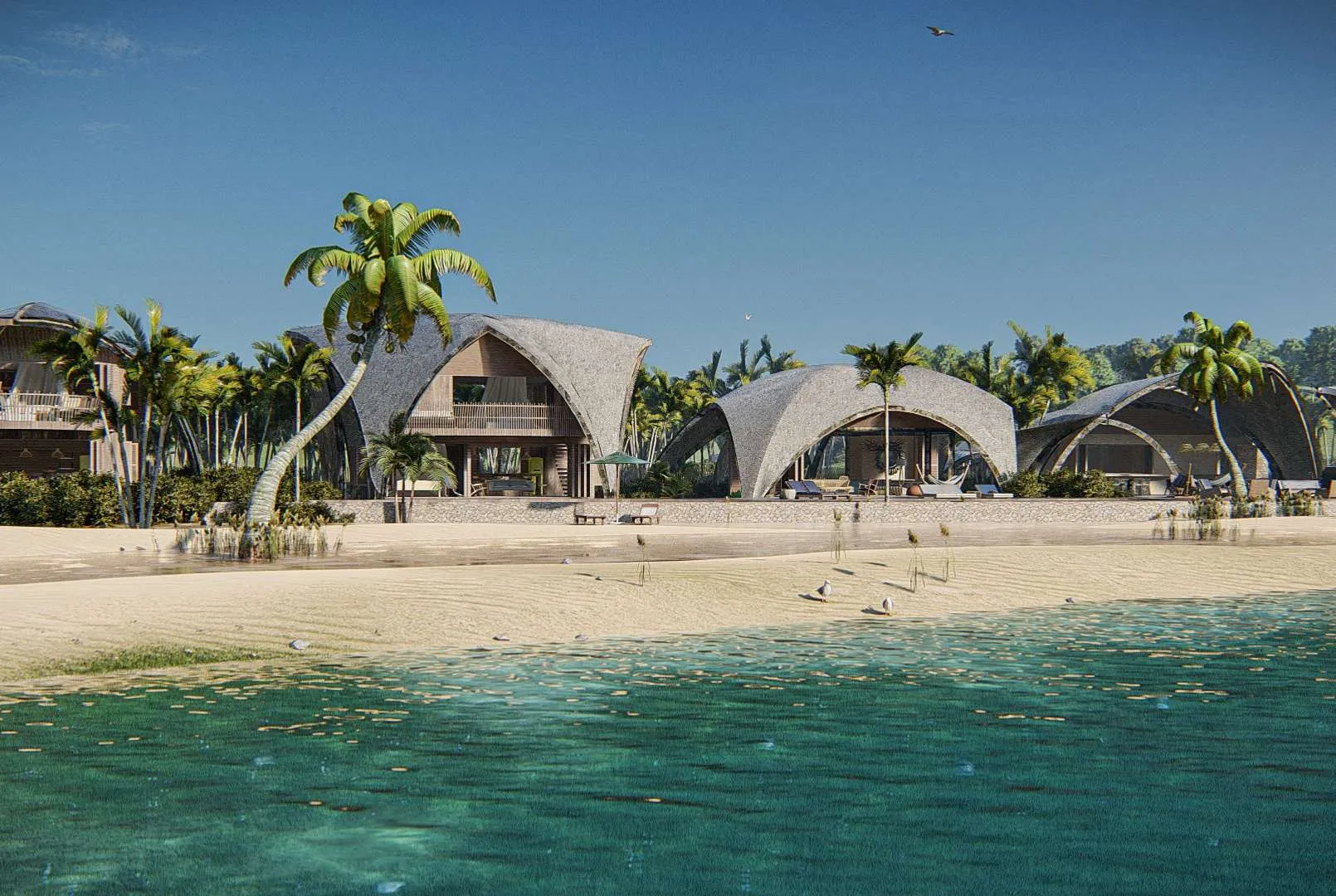 Render 3D exterior de pousada à beira-mar no Ceará, com cabanas, em golden hour