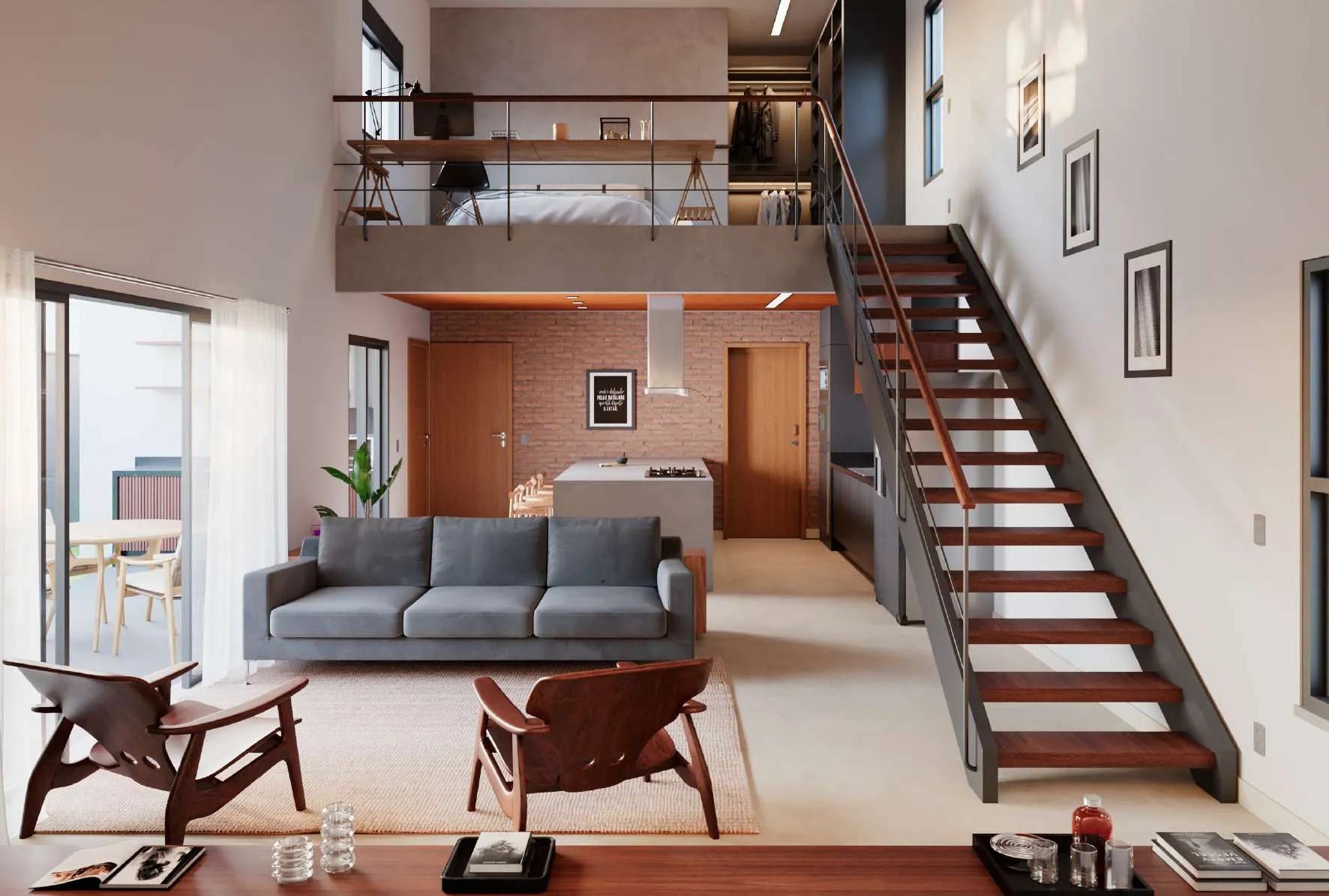 Render 3D interior de loft com pé-direito duplo e luz natural