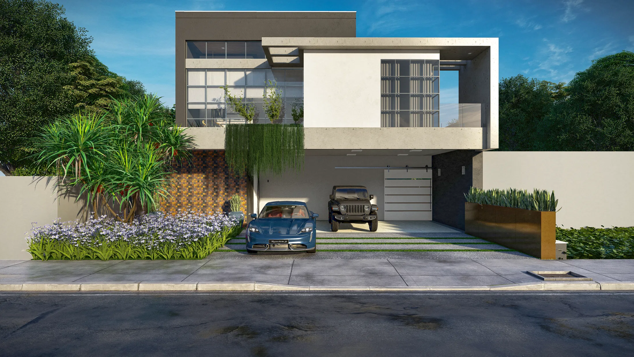 Fachada de sobrado com revestimento de concreto e branco, jardim frontal com palmeiras e dois carros na garagem