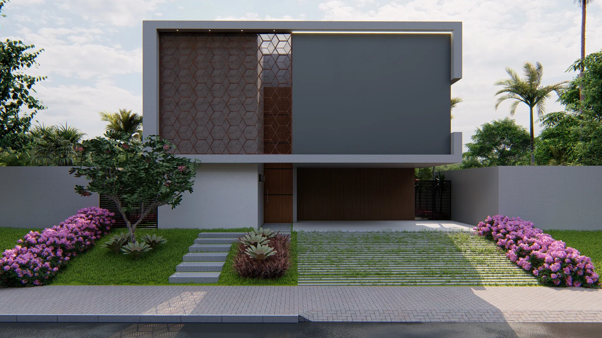 Fachada frontal de casa contemporânea com painel geométrico vazado no volume superior, garagem abaixo e canteiros simétricos de arbustos floridos rosa