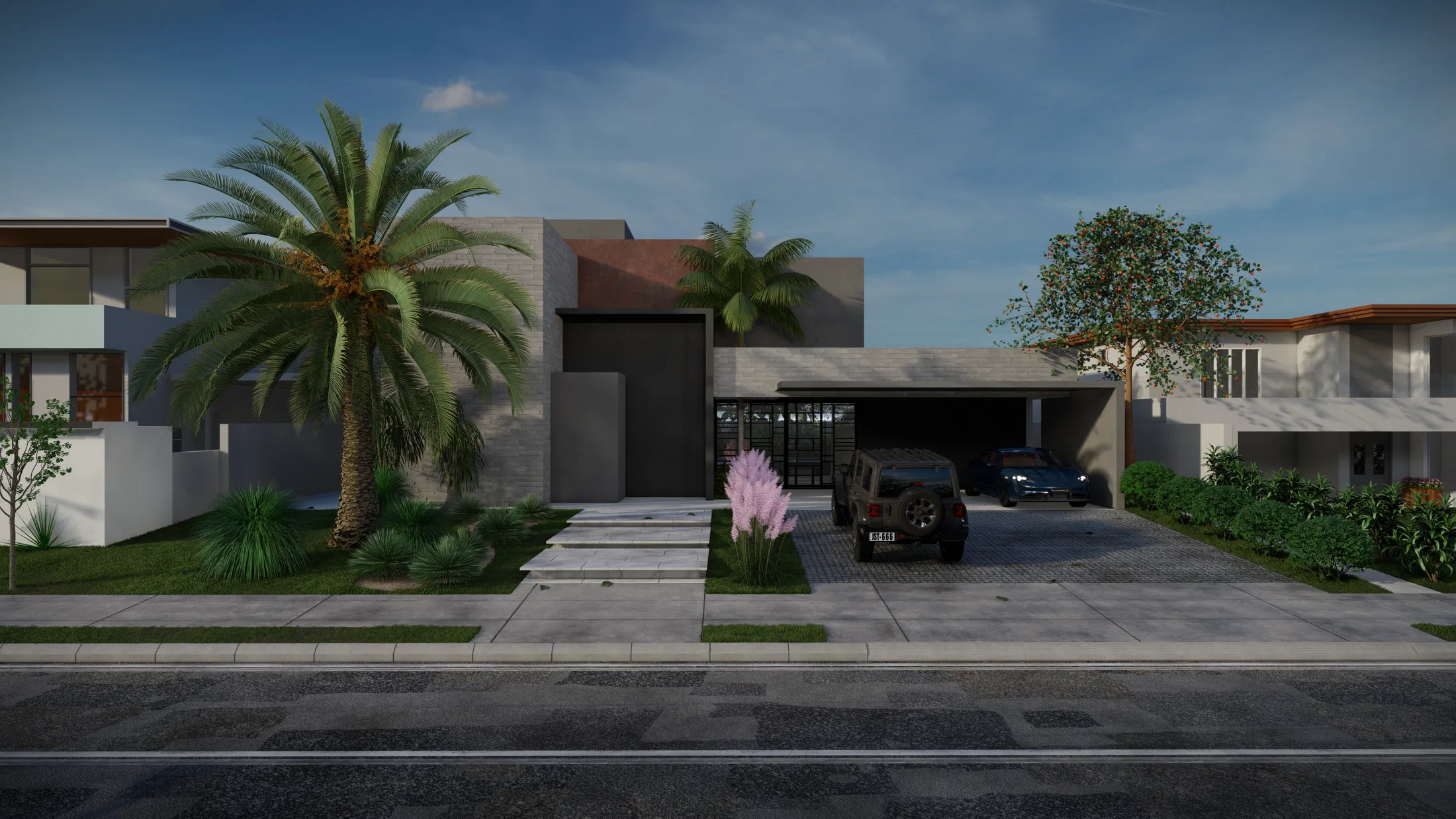 Fachada da residência ao entardecer com uma palmeira alta solitária, touceiras de capim-dos-pampas rosa e veículos estacionados sob a garagem coberta