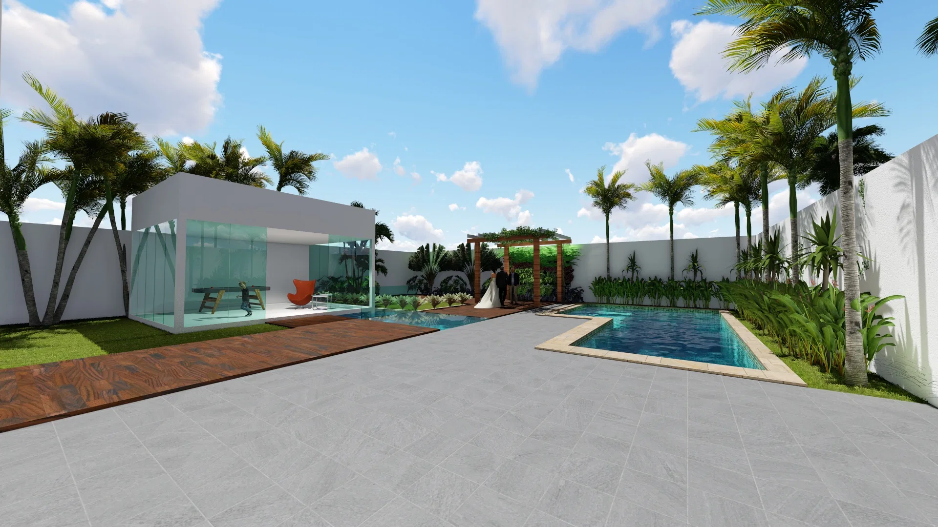 Amplo quintal pavimentado com pavilhão de vidro, deck de madeira, pergolado de parede verde e piscina em L, cercado por palmeiras junto aos muros