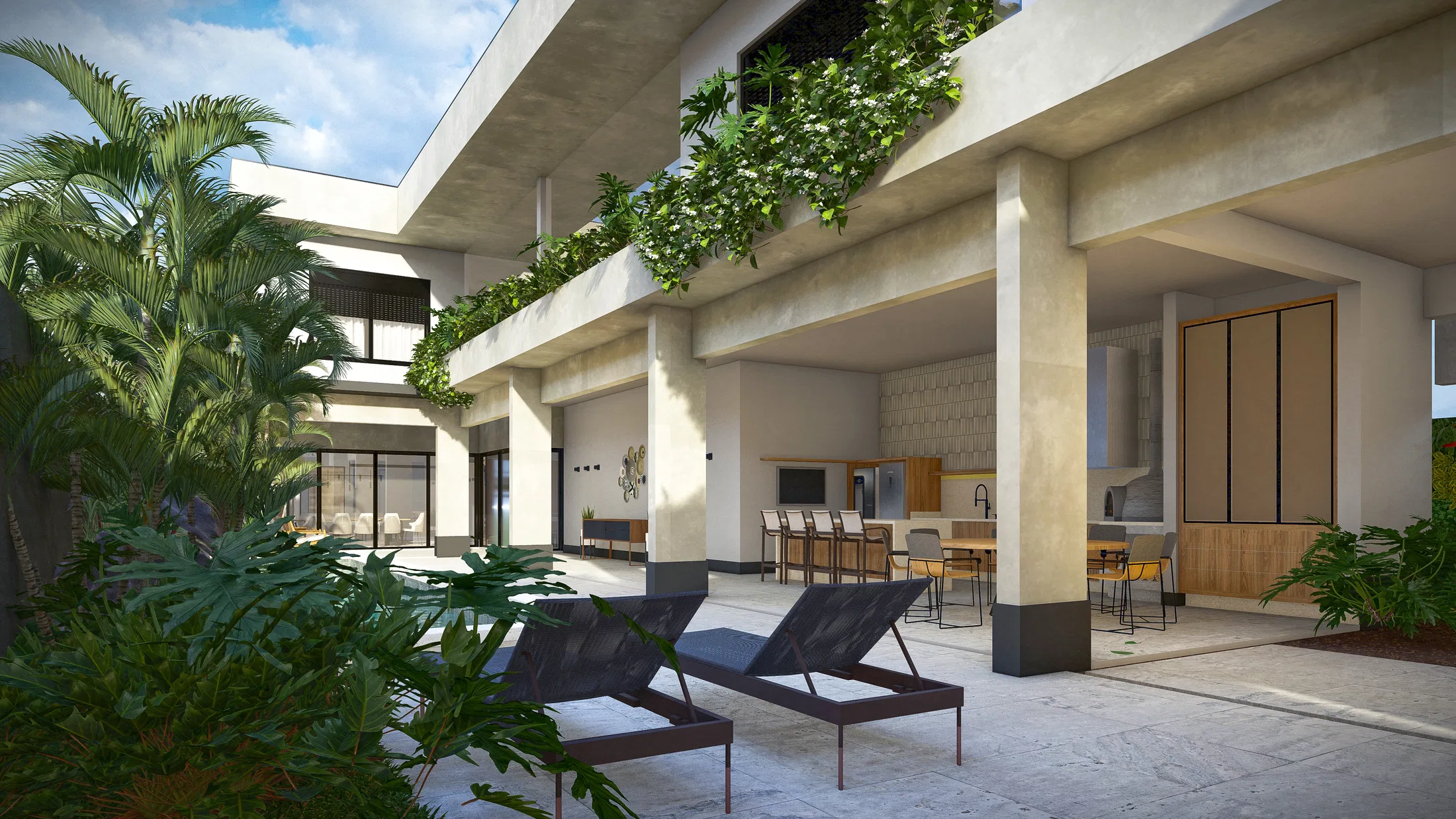 Varanda gourmet de pé-direito duplo com jardim vertical florido na laje, cozinha externa e espreguiçadeiras junto ao pátio