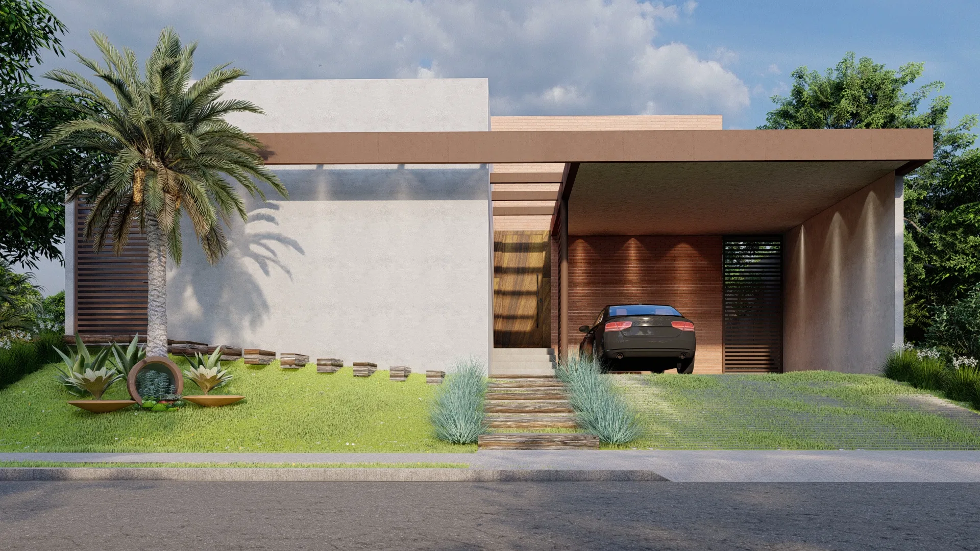 Fachada térrea contemporânea com revestimento cimentício, brises verticais, garagem coberta e jardim de palmeira ao lado da entrada