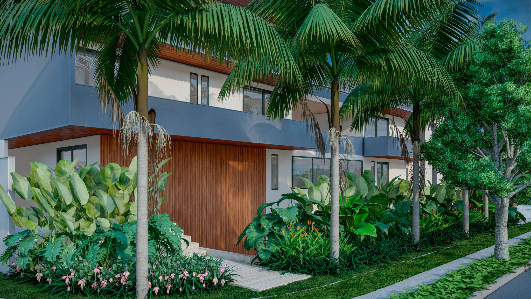 Fachada de casa contemporânea de dois pavimentos com revestimento de madeira, atrás de canteiro denso de folhagens tropicais e palmeiras.