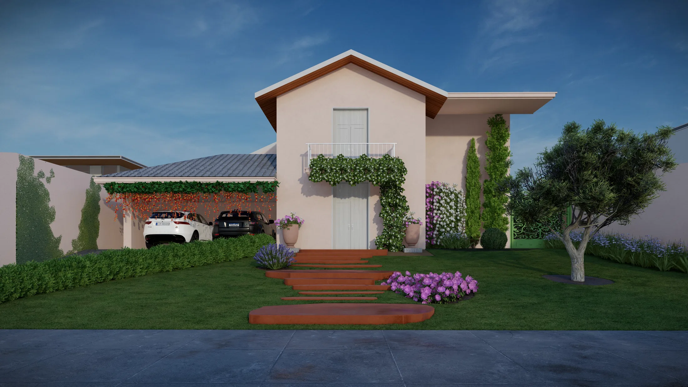 Fachada de sobrado com telhado inclinado, carport coberto por pergolado de flores alaranjadas e caminho de degraus de madeira entre canteiros floridos.