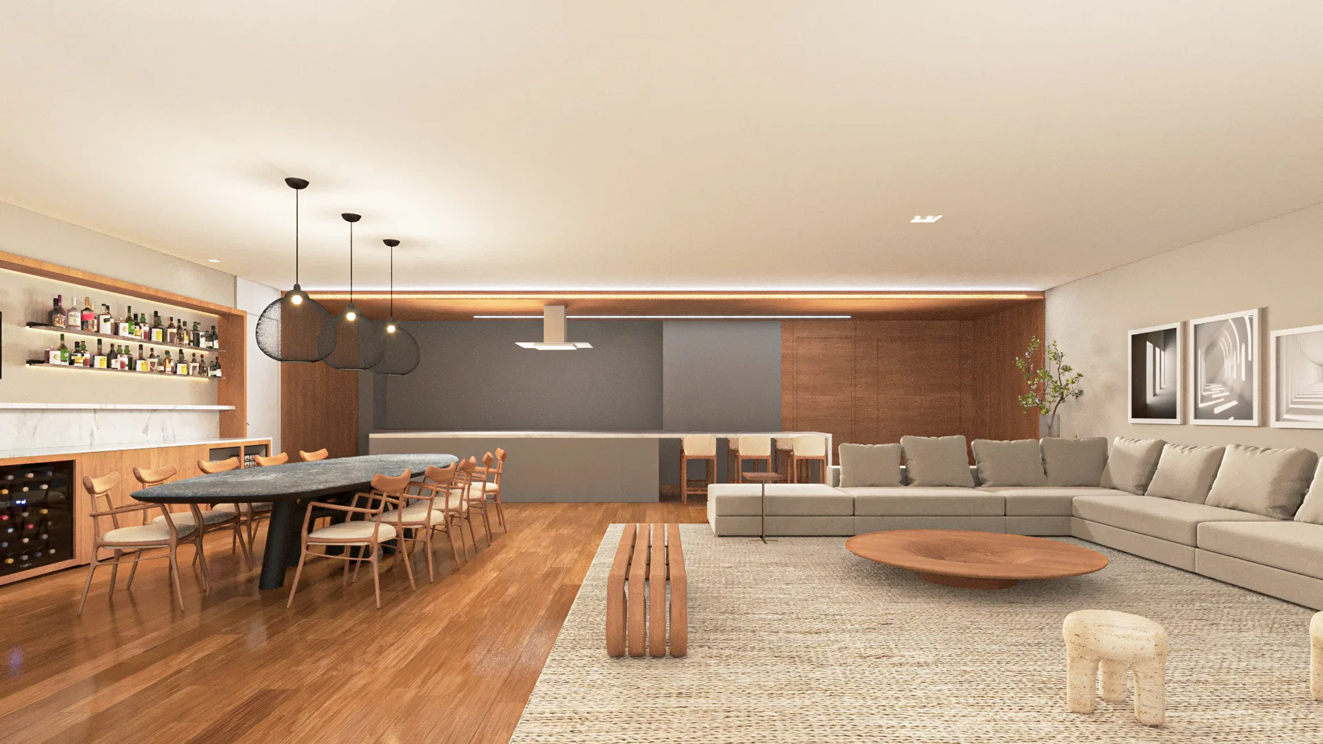 Vista ampla da sala de estar e cozinha integradas do Apartamento Birdie, com balcão de bar e mobiliário moderno em tons neutros.