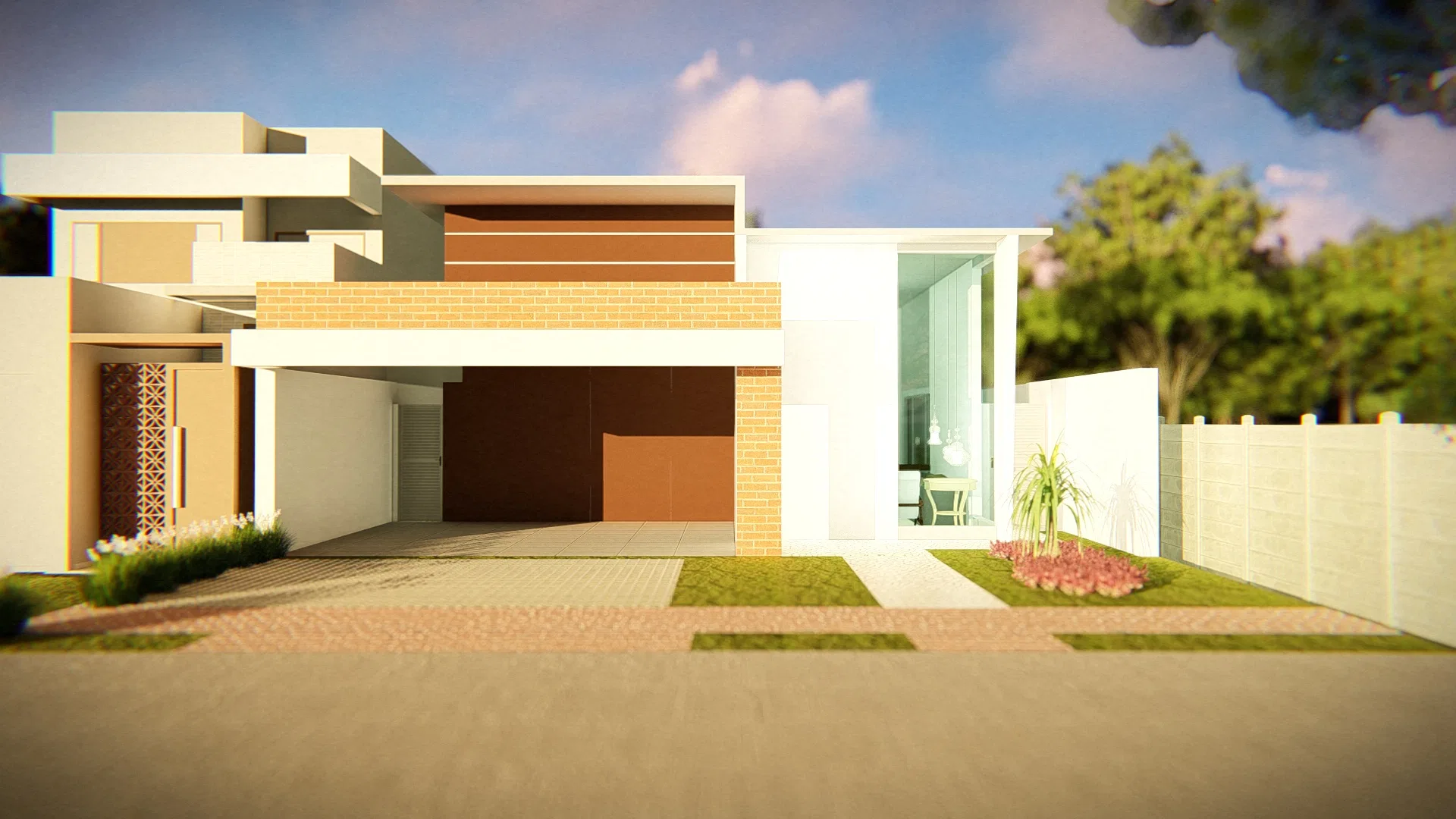 Fachada de casa contemporânea térrea com volumes brancos, faixa em tijolinho amarelo e garagem coberta, jardim de acesso com grama, canteiro florido e portão vazado