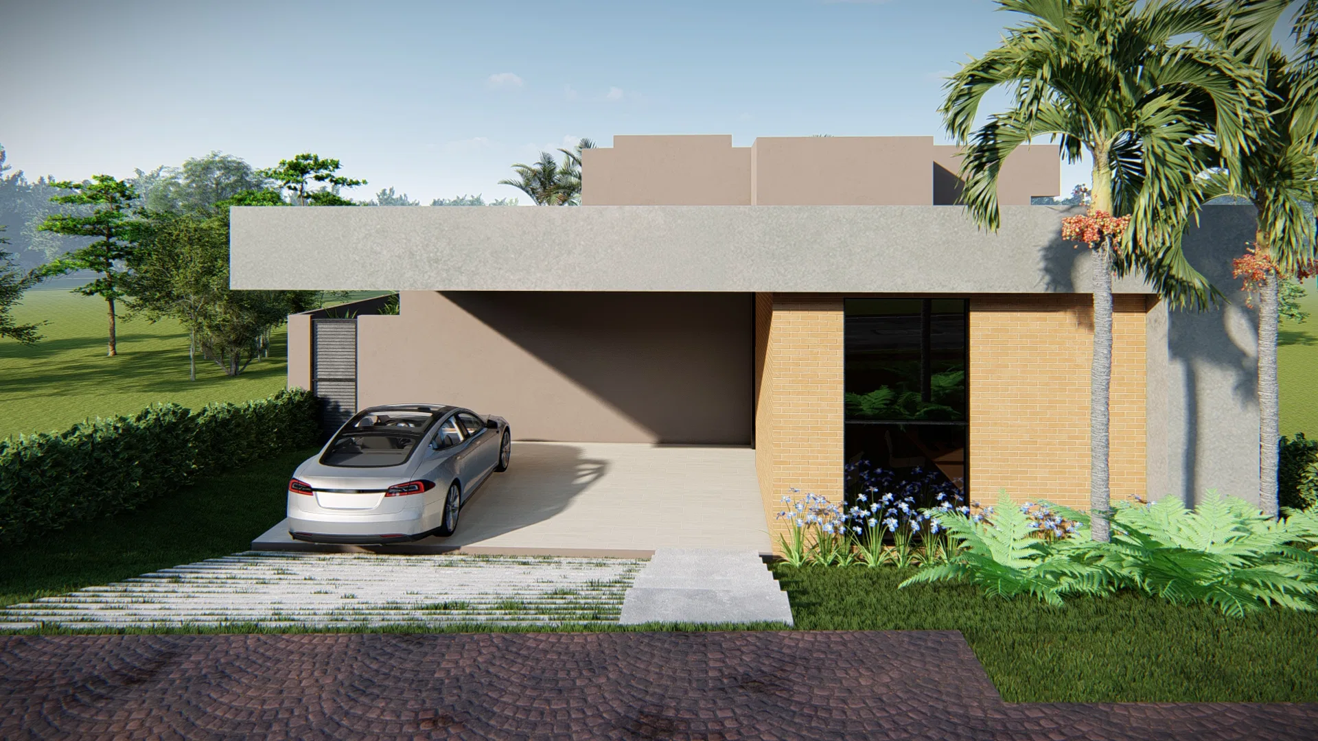 Fachada frontal de casa térrea com laje de concreto em balanço, empena em tom terracota e carro sob a garagem coberta, entre palmeiras