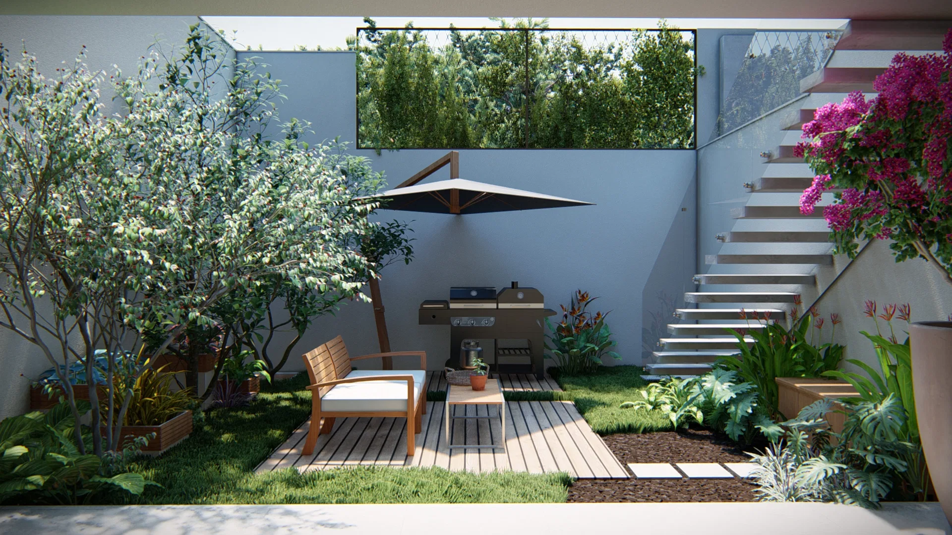 Quintal compacto com deck de madeira, poltrona, guarda-sol preto e churrasqueira, ao lado de uma escada de concreto suspensa e buganvília magenta.