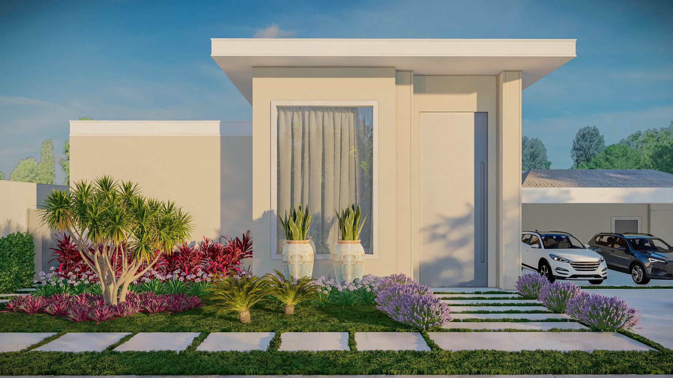 Fachada de casa térrea de linhas retas com canteiro frontal de dracena, folhagens vermelhas, lavandas e vasos cerâmicos entre placas de concreto sobre grama