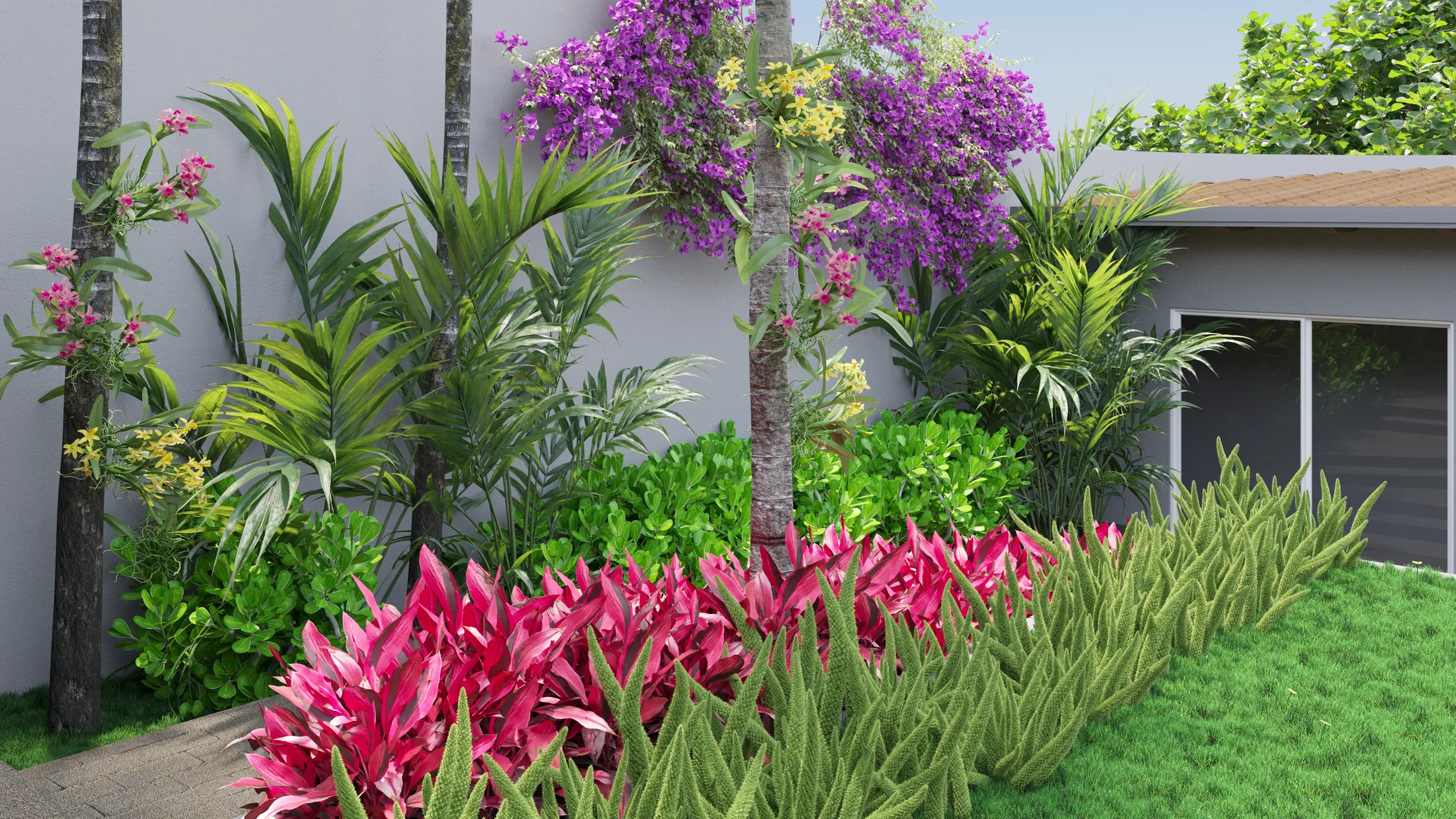 Canteiro junto ao muro cinza da casa, com cordilines magenta, folhagens verdes, palmeiras e uma árvore de buganvília roxa florida.