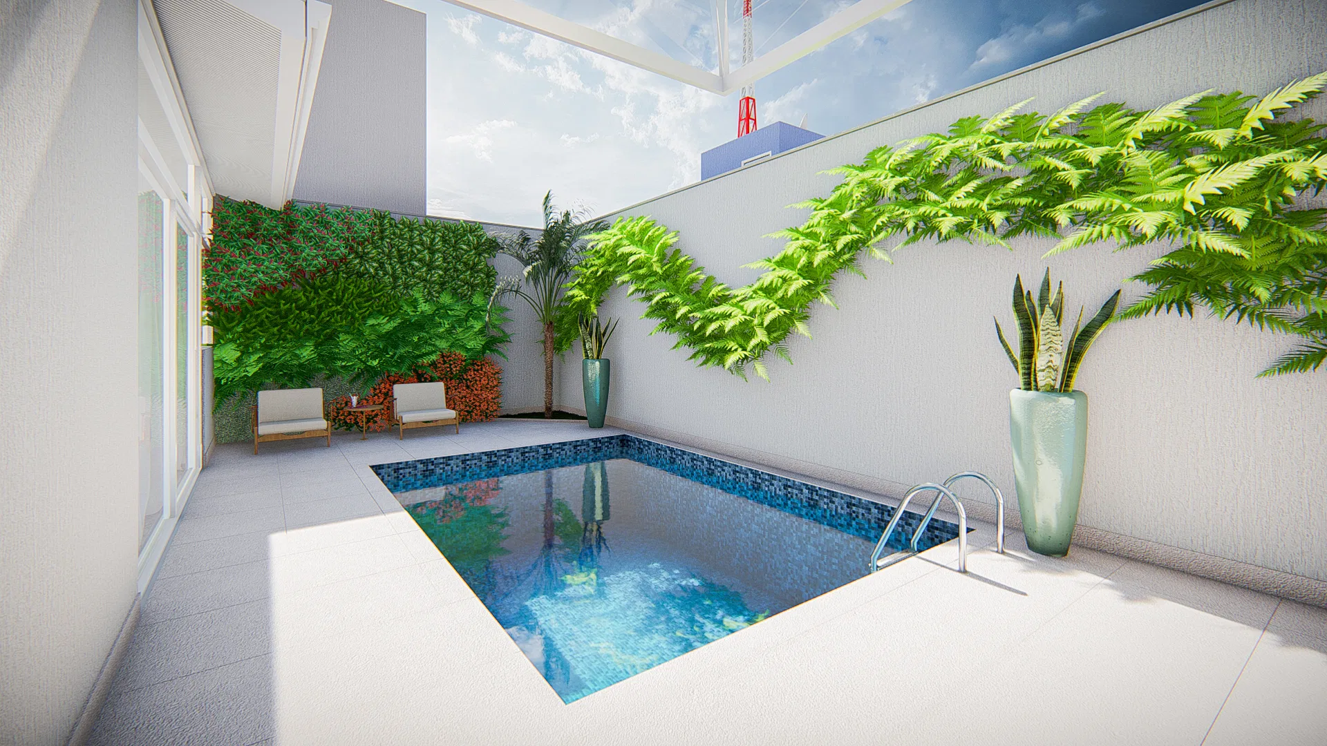 Pátio compacto com piscina de mosaico azul, parede de jardim vertical florido, poltronas claras e vaso alto com sansevéria