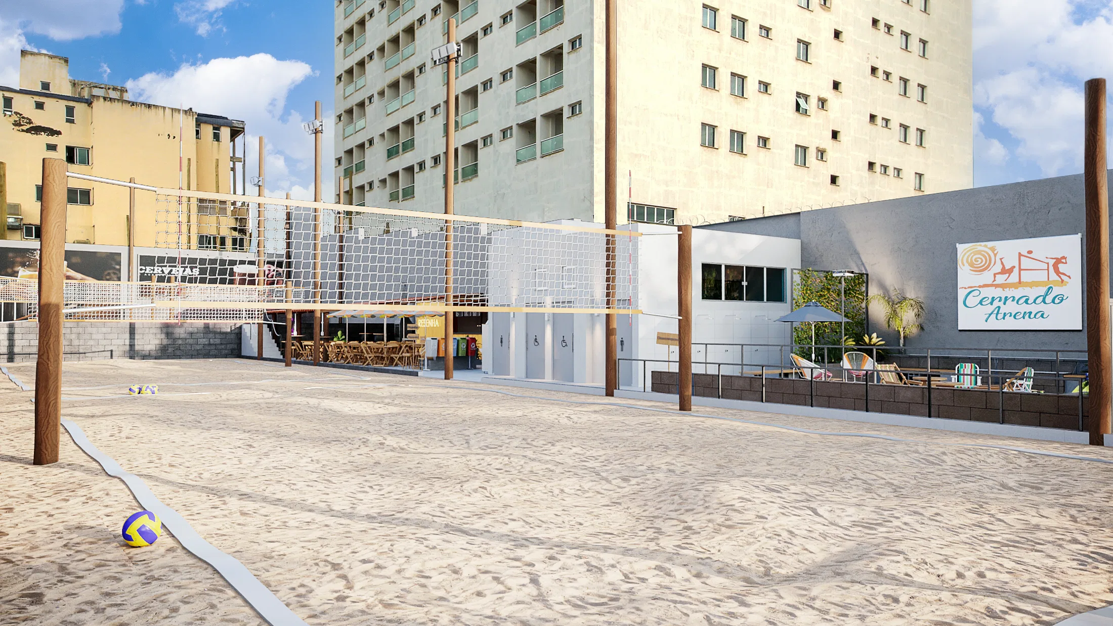 Quadra de vôlei de areia com rede e bola, entre edifícios, ao lado de um estar com guarda-sol e a marca Cerrado Arena na parede