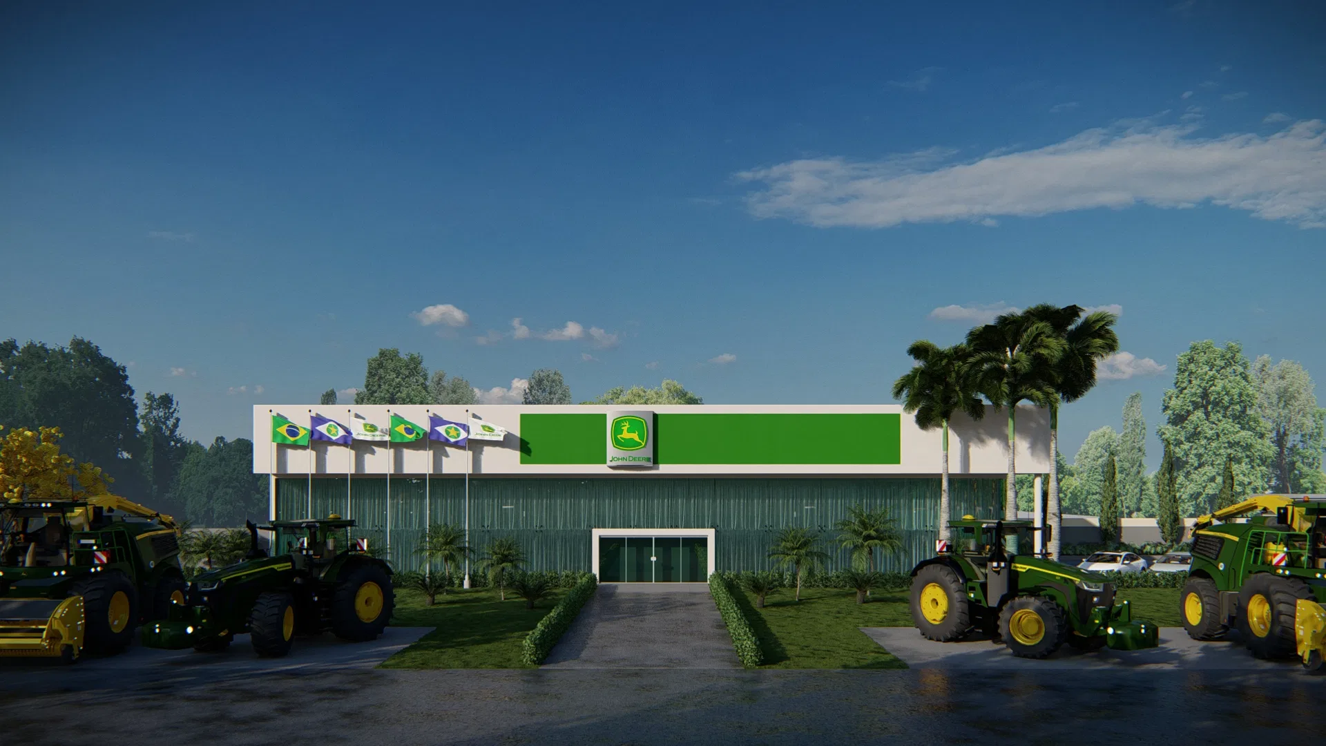 Fachada de galpão comercial com testeira verde e logotipo John Deere, bandeiras do Brasil, palmeiras e tratores estacionados nas laterais
