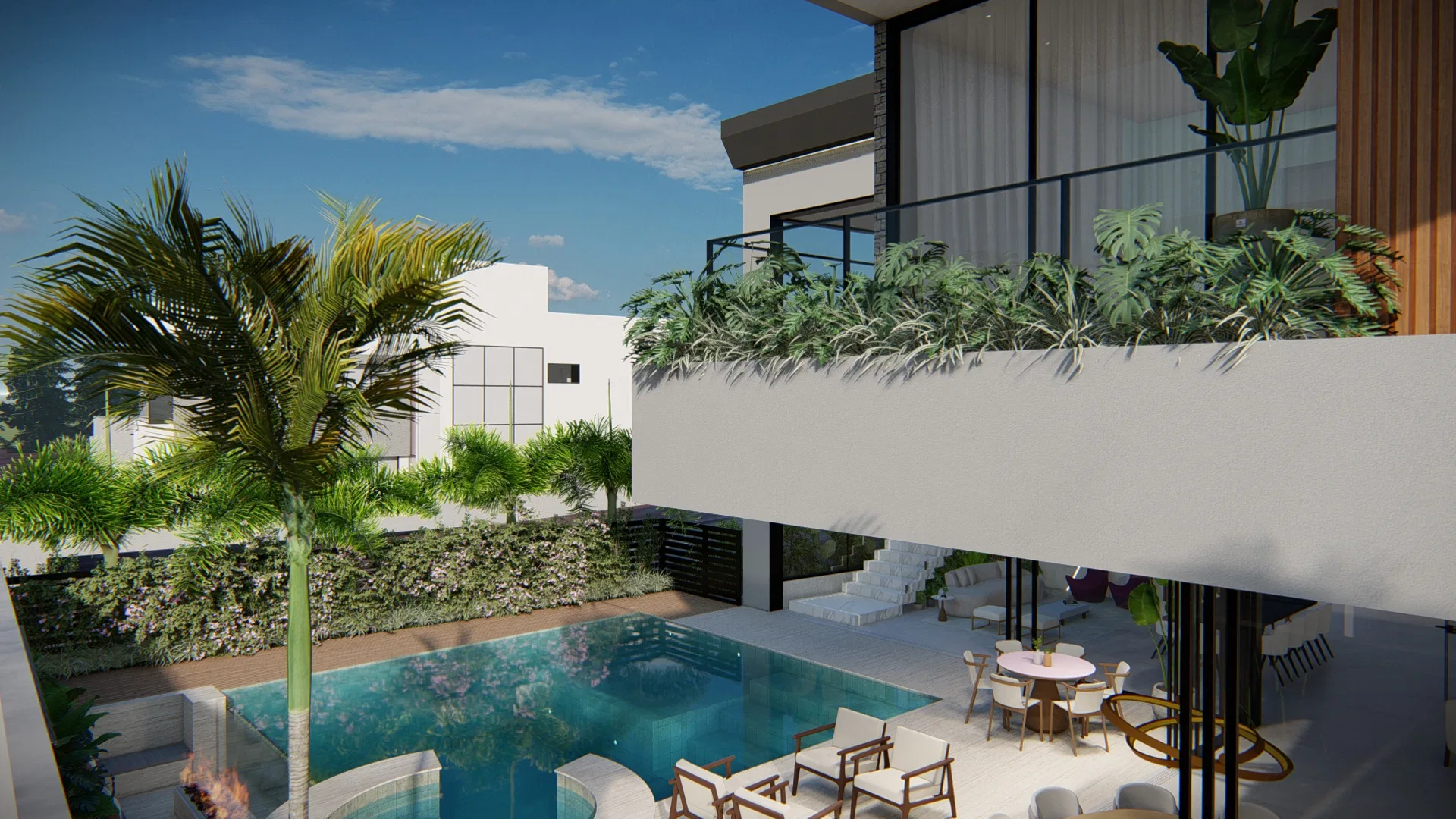 Área de piscina nos fundos da casa moderna, com terraço de poltronas de madeira, mesa redonda, canteiro elevado de folhagem e palmeira alta ao lado.