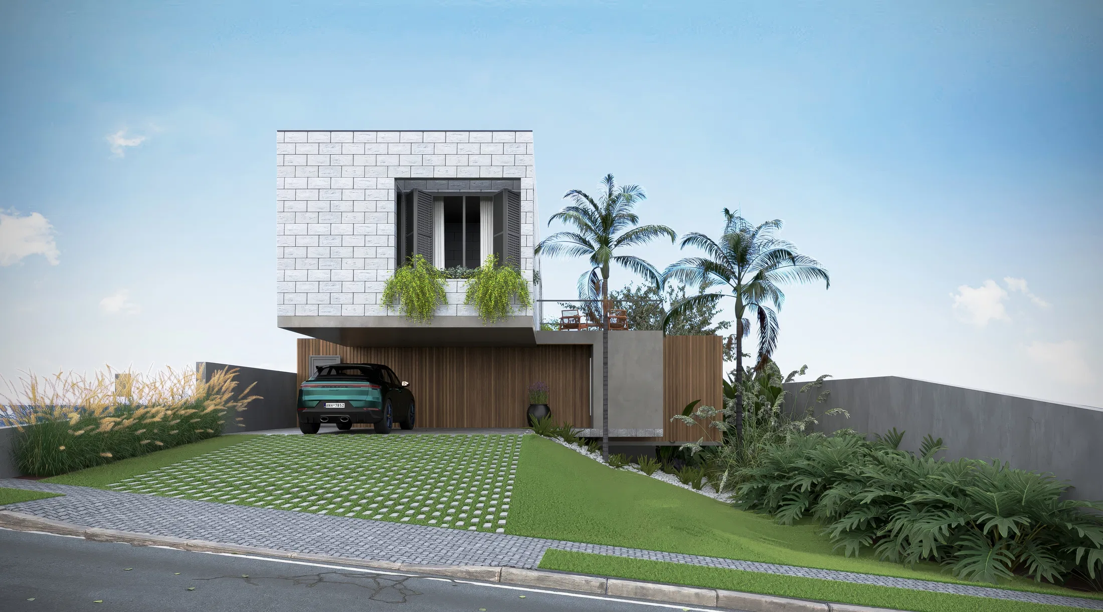 Fachada de casa contemporânea com volume superior em tijolo branco sobre garagem ripada de madeira, entrada gramada com pisos drenantes e palmeiras