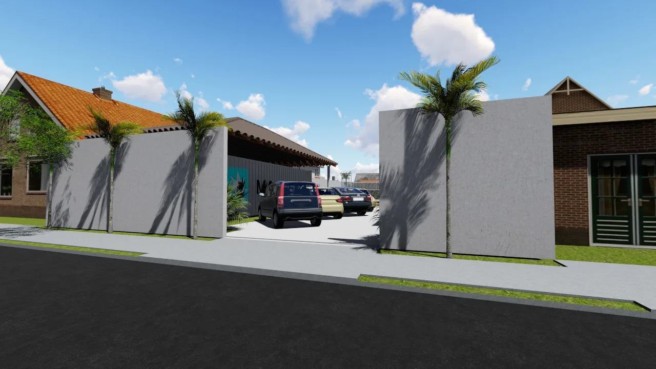 Entrada de veículos entre muros de concreto pré-moldado, com palmeira ao lado e estacionamento coberto por pergolado ao fundo.