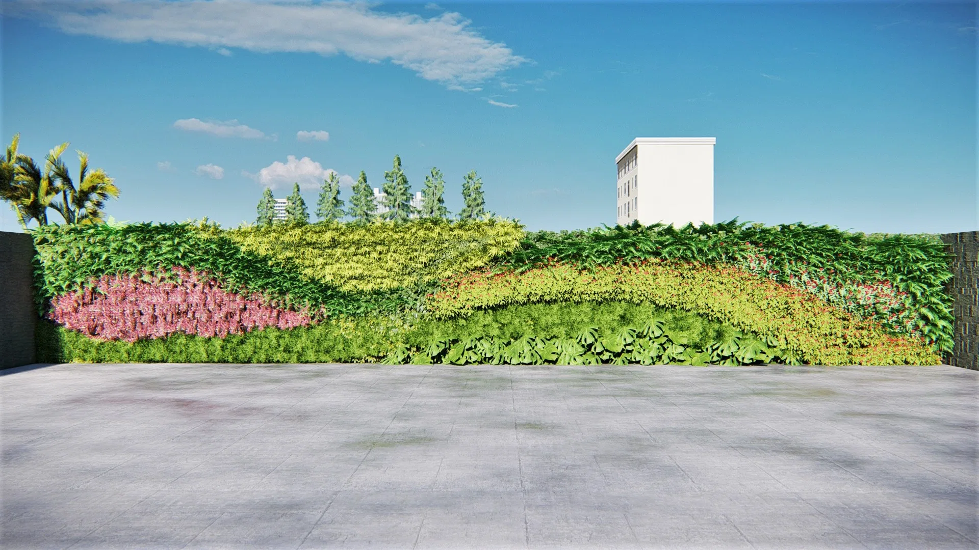 Extenso painel verde reveste o muro de fechamento em desenho ondulado de samambaias e folhagens, com manchas de flores rosa sobre pátio de concreto.