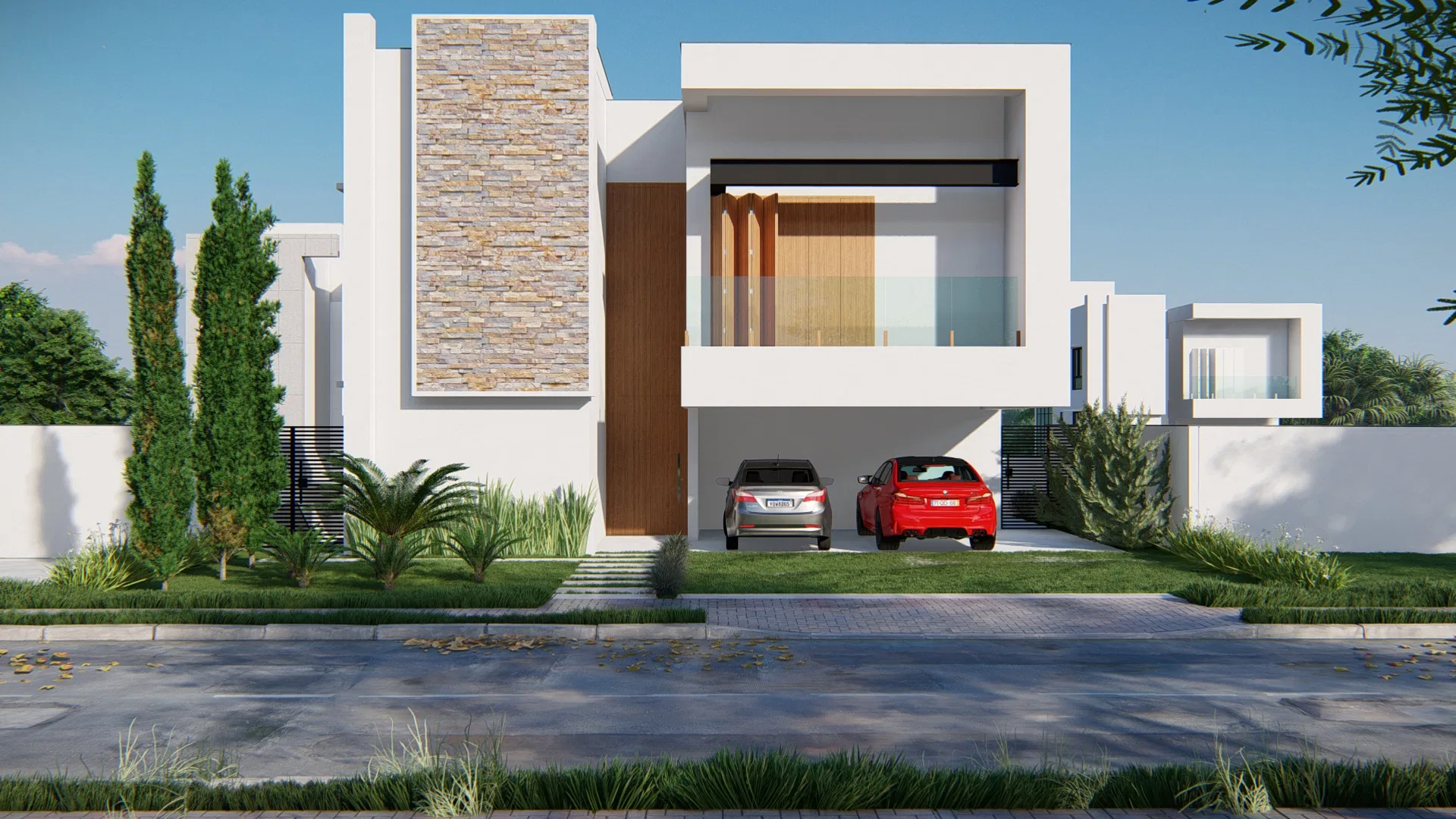 Fachada de sobrado branco com painel de pedra e varanda envidraçada, dois carros na garagem e ciprestes no jardim frontal