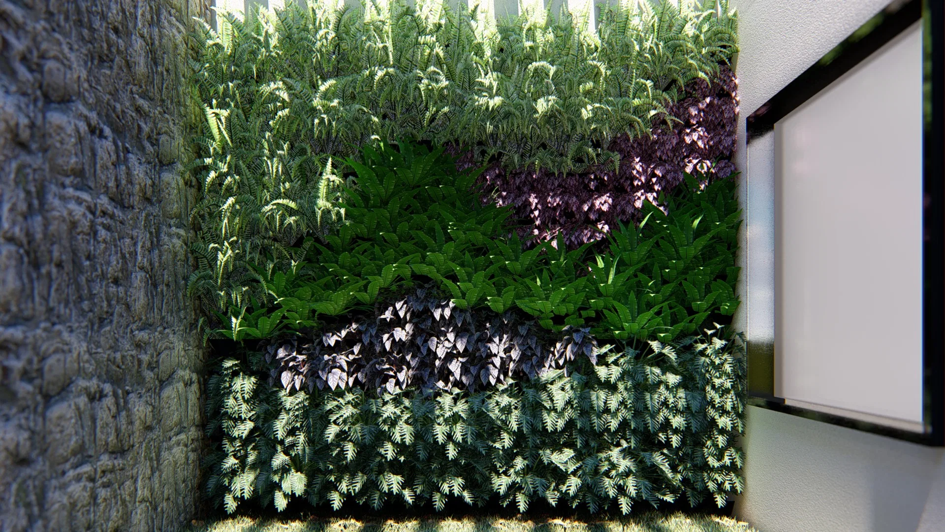 Jardim vertical em faixas de folhagens verdes, prateadas e roxas entre uma parede de pedra rústica e uma moldura iluminada de ripas de madeira.