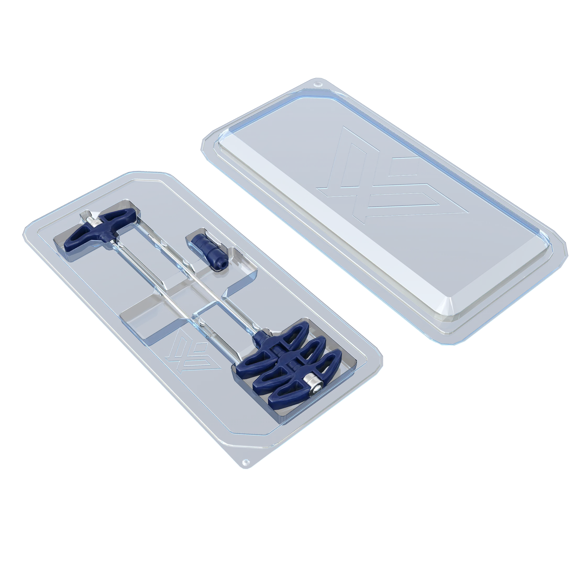 Embalagem em blister transparente aberta, mostrando dois dispositivos de agulha com cabo em T azul e um componente cilíndrico, ao lado da tampa fechada com relevo de marca.