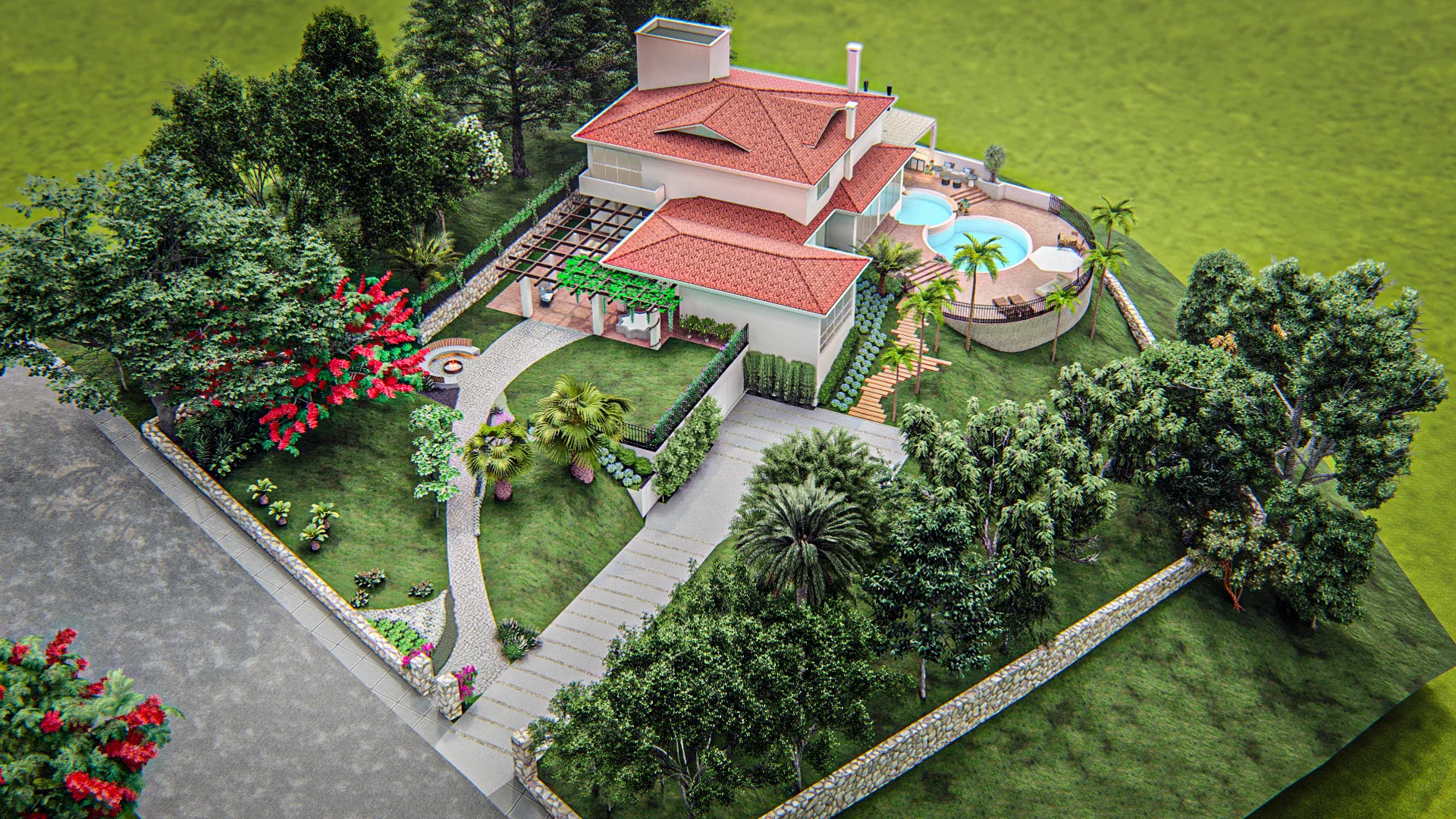 Vista aérea da propriedade, com casa de telhado cerâmico, piscina e ofurô, pergolado, gramados e um flamboyant vermelho florido entre os canteiros.