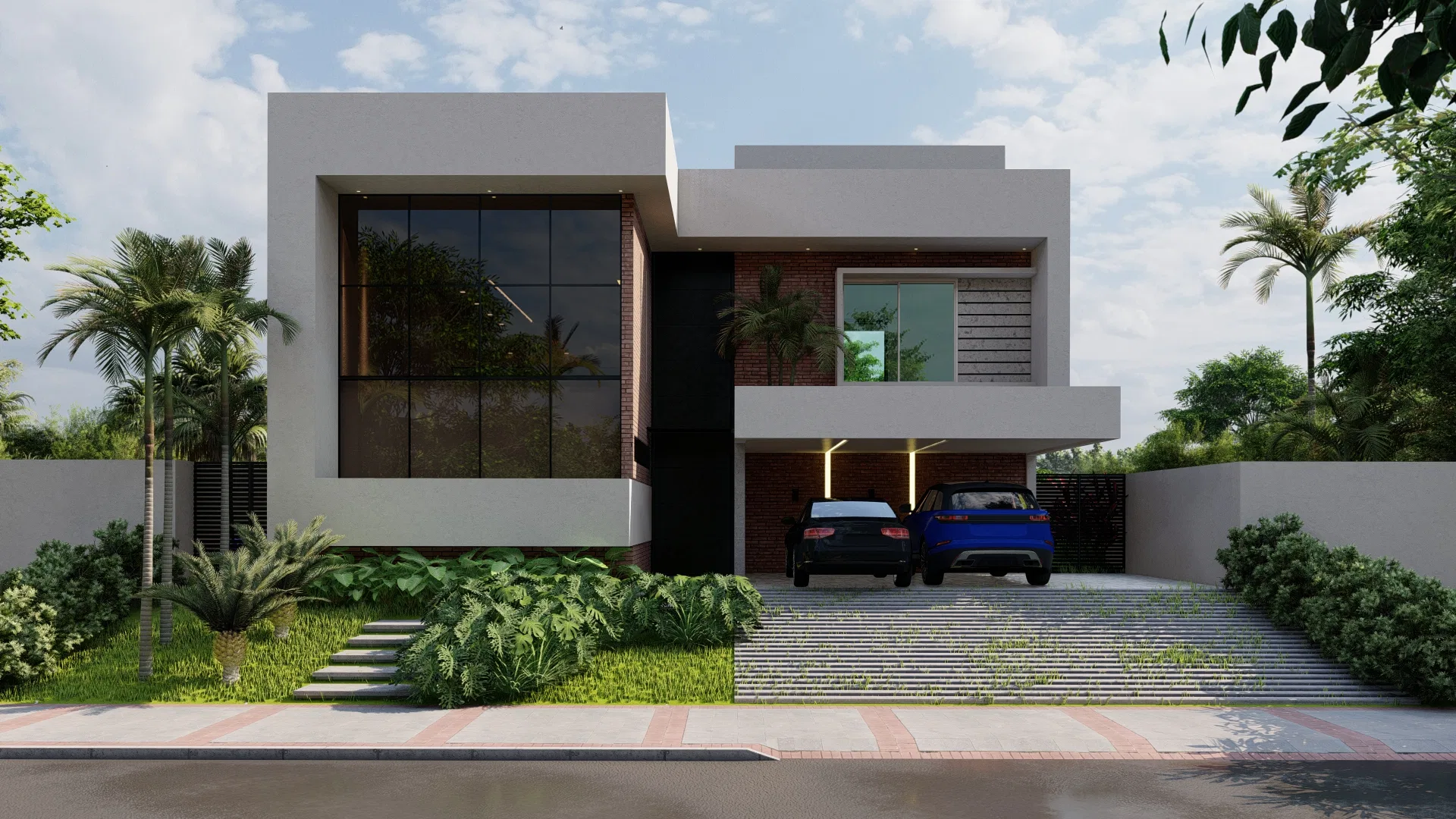 Fachada de casa contemporânea de dois pavimentos, com volumes brancos, revestimento em tijolo e grandes vidros escuros, dois carros na garagem e canteiros tropicais na entrada