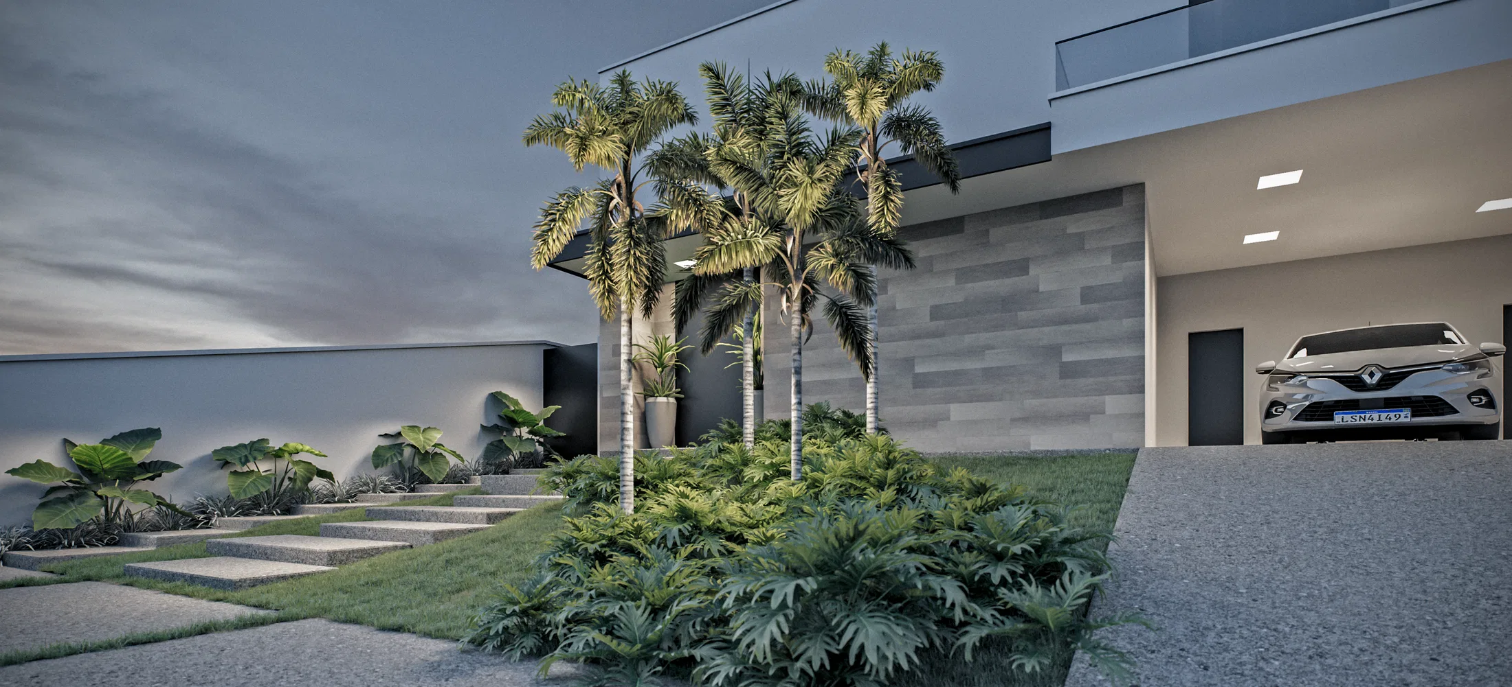 Fachada cinza ao entardecer com touceira de palmeiras-imperiais, folhagem tropical, caminho de pedras no gramado e garagem com carro à direita.