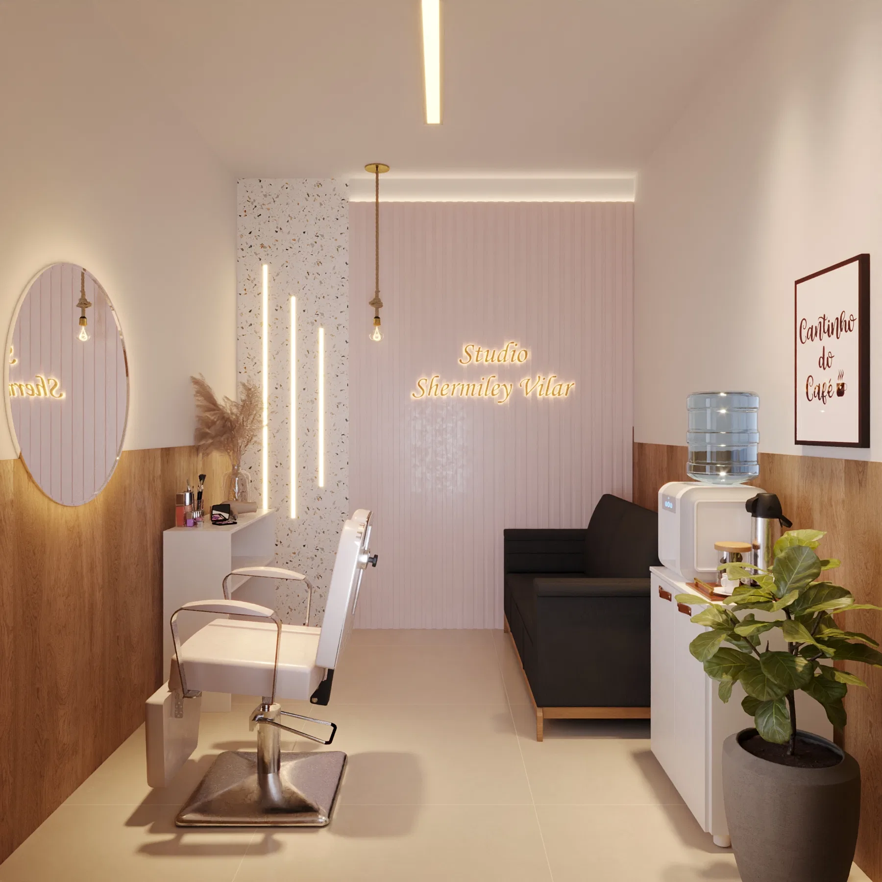 Sala de atendimento com cadeira de salão, espelho redondo iluminado, painel ripado rosa e sofá preto ao fundo
