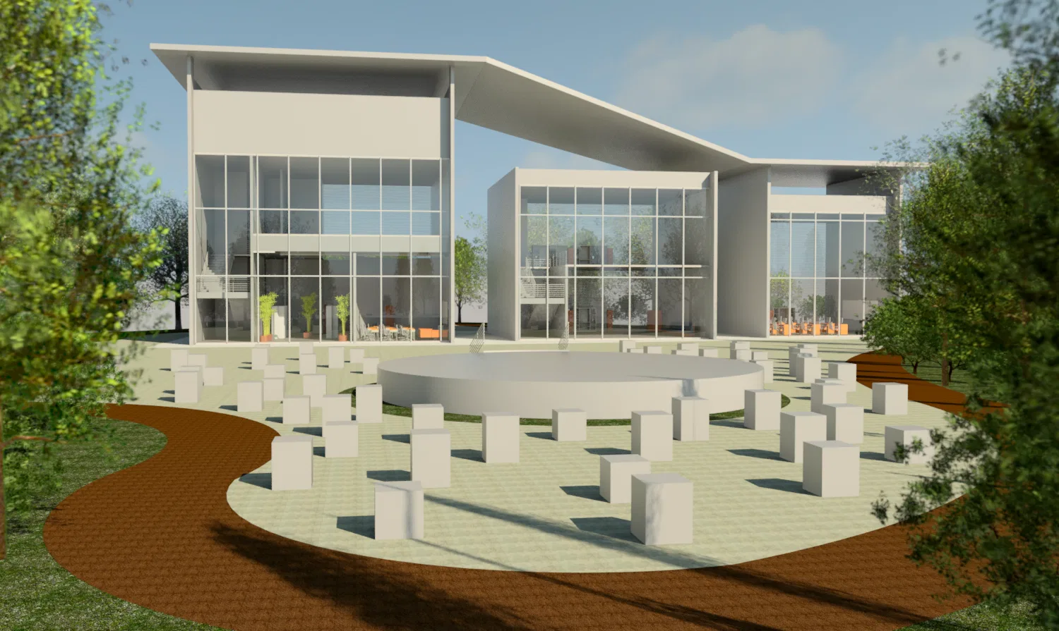 Vista frontal dos pavilhões de vidro de um centro cultural, com praça arborizada, fonte circular e grade de blocos brancos de concreto