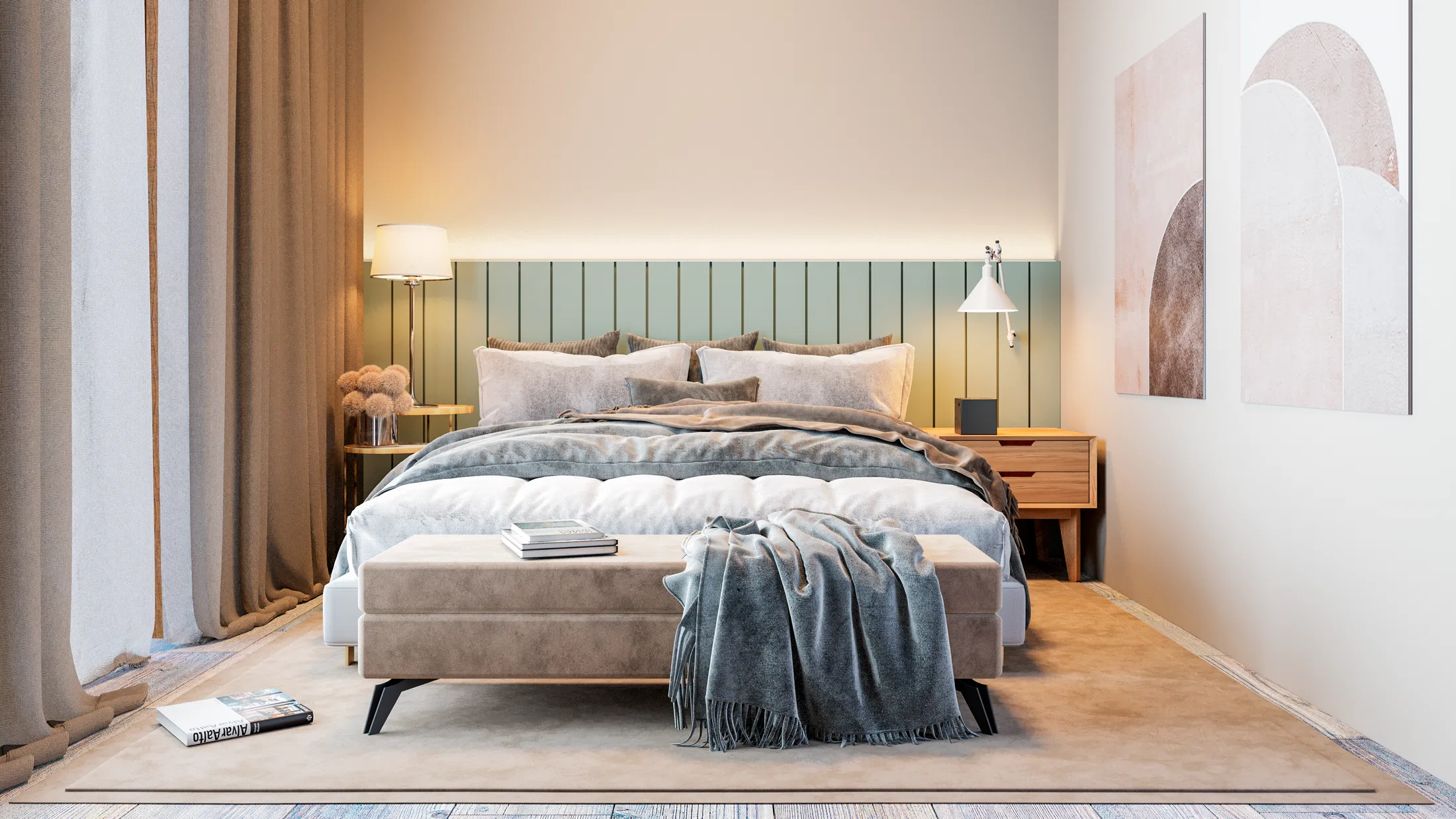 Quarto de casal com cabeceira em réguas verde-claras, banco estofado aos pés da cama e quadros com formas orgânicas na parede