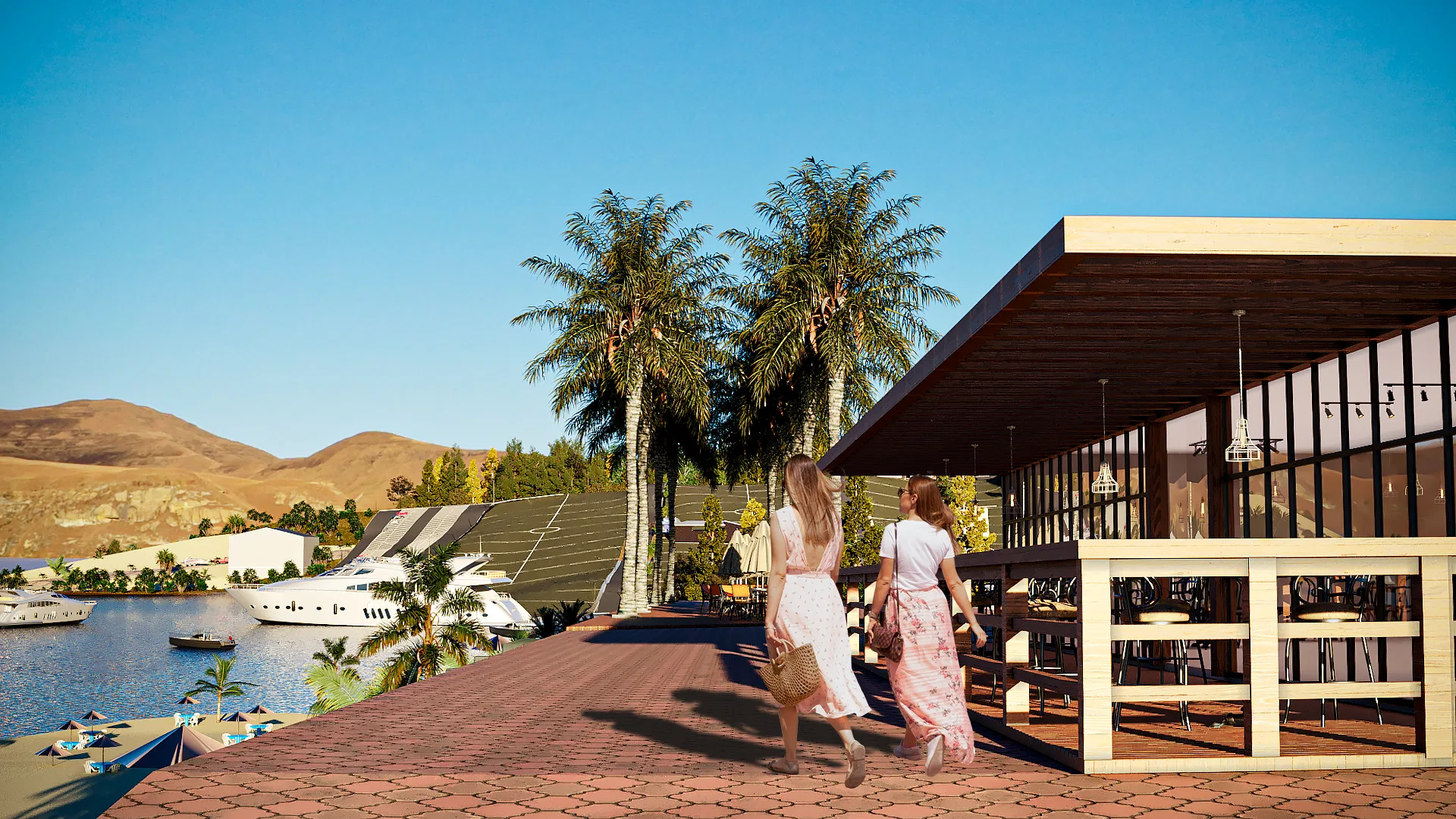 Boardwalk de piso desenhado levando a um restaurante de madeira escura e vidro, com duas mulheres caminhando e iates ancorados no lago