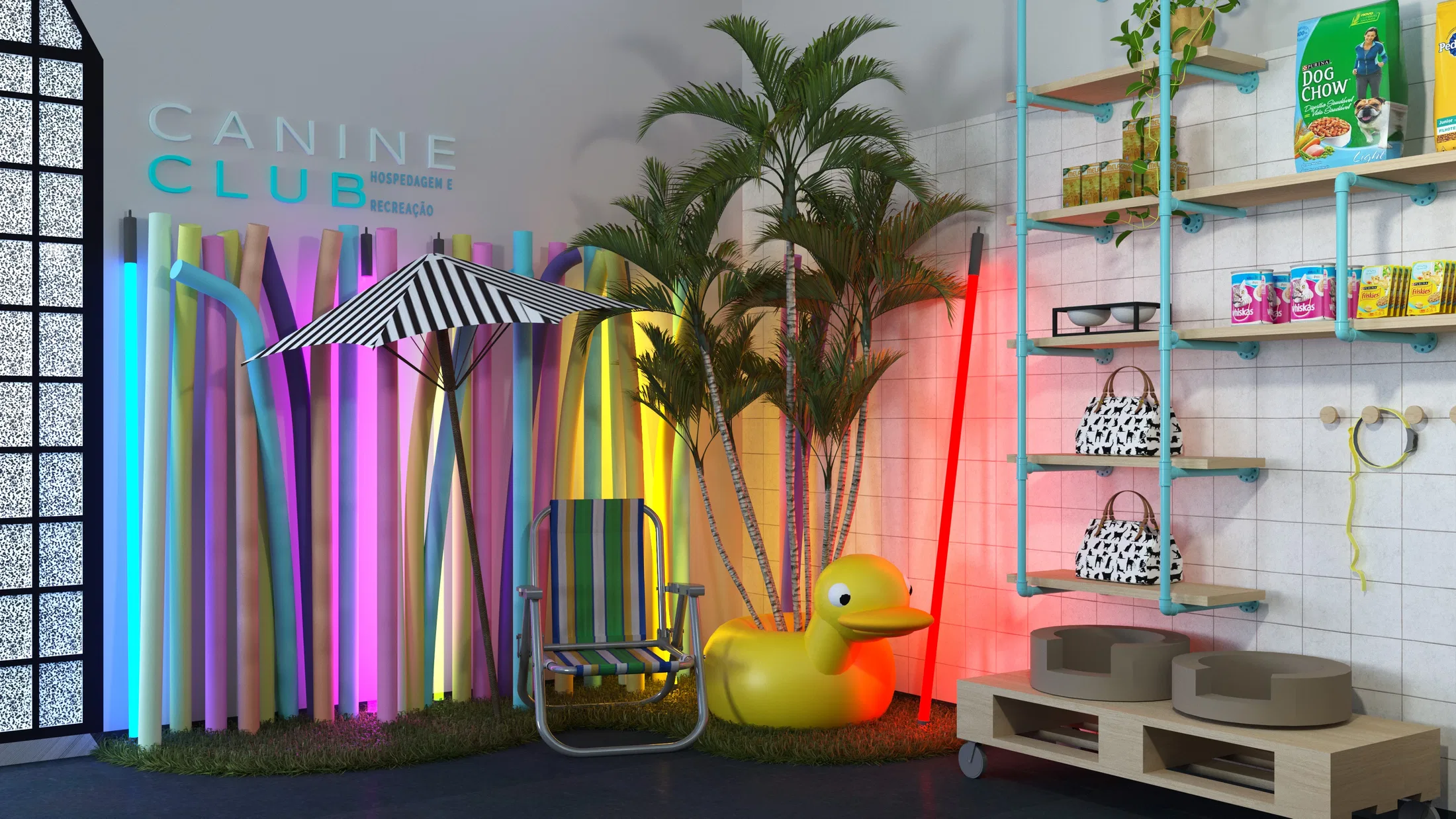 Canto de loja pet com logotipo iluminado, tubos coloridos retroiluminados, guarda-sol listrado, pato amarelo gigante e prateleiras turquesa com produtos.