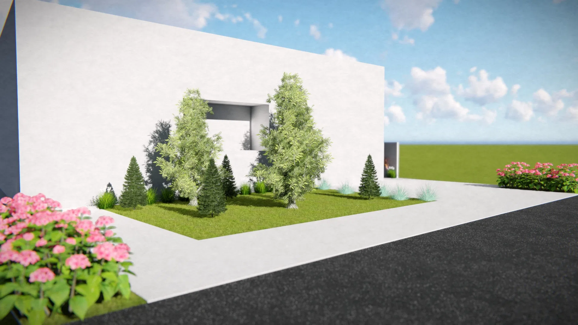 Quina de muro branco minimalista com grupo de coníferas e ciprestes junto a um vão, e canteiros de hortênsias rosa em primeiro plano.