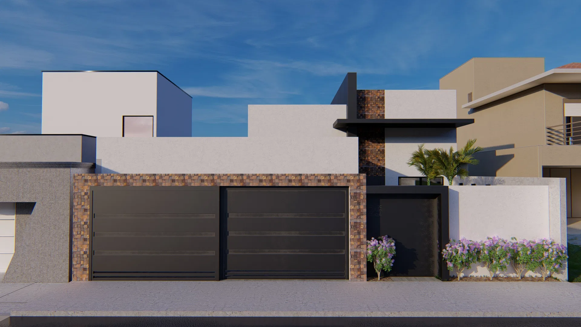 Fachada residencial com volumes brancos, base revestida em pedra e portões escuros de garagem, com flores roxas transbordando sobre o muro