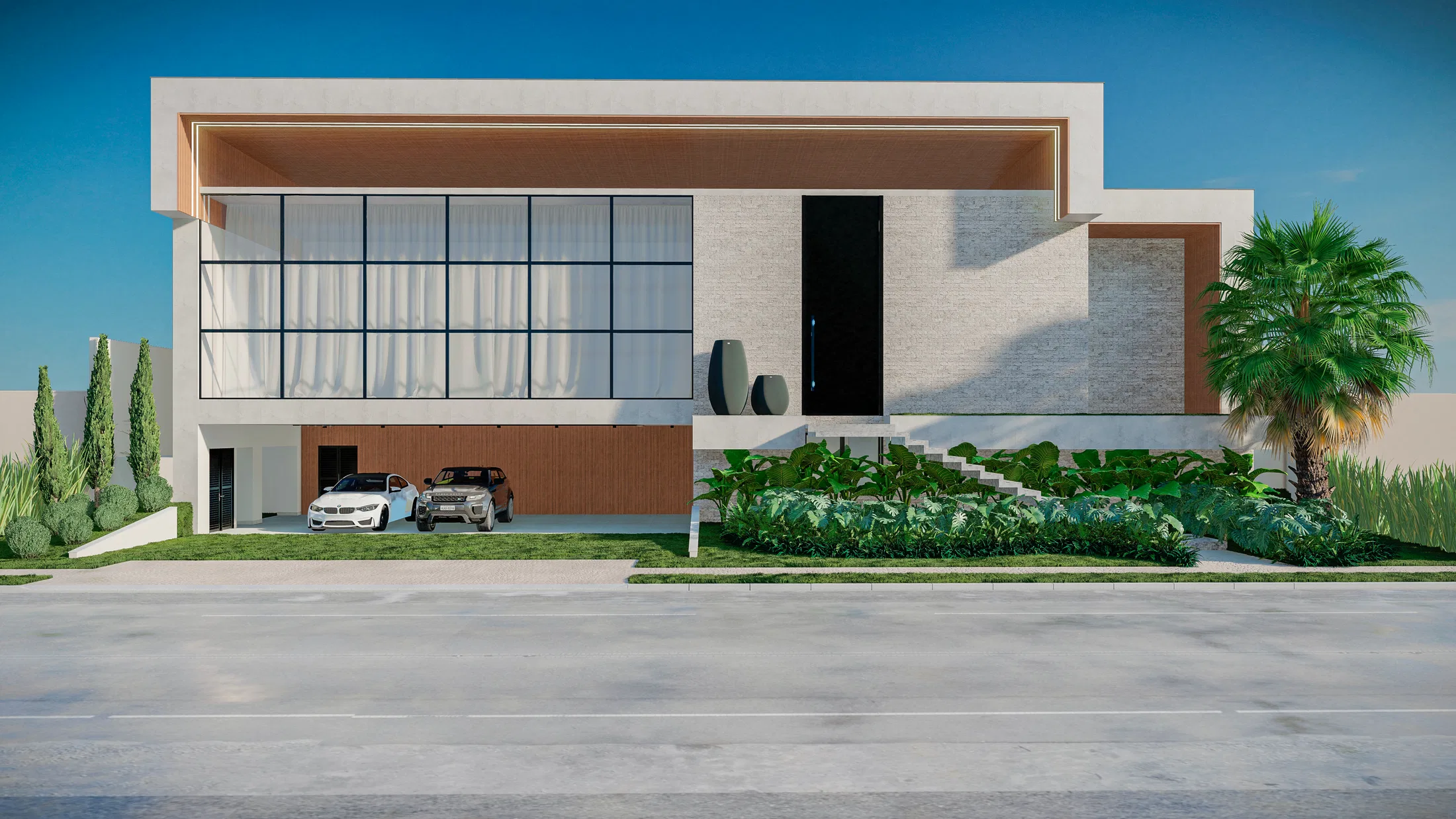 Fachada de residência moderna branca com grande vão envidraçado, garagem para dois carros, palmeira e canteiro tropical com escada