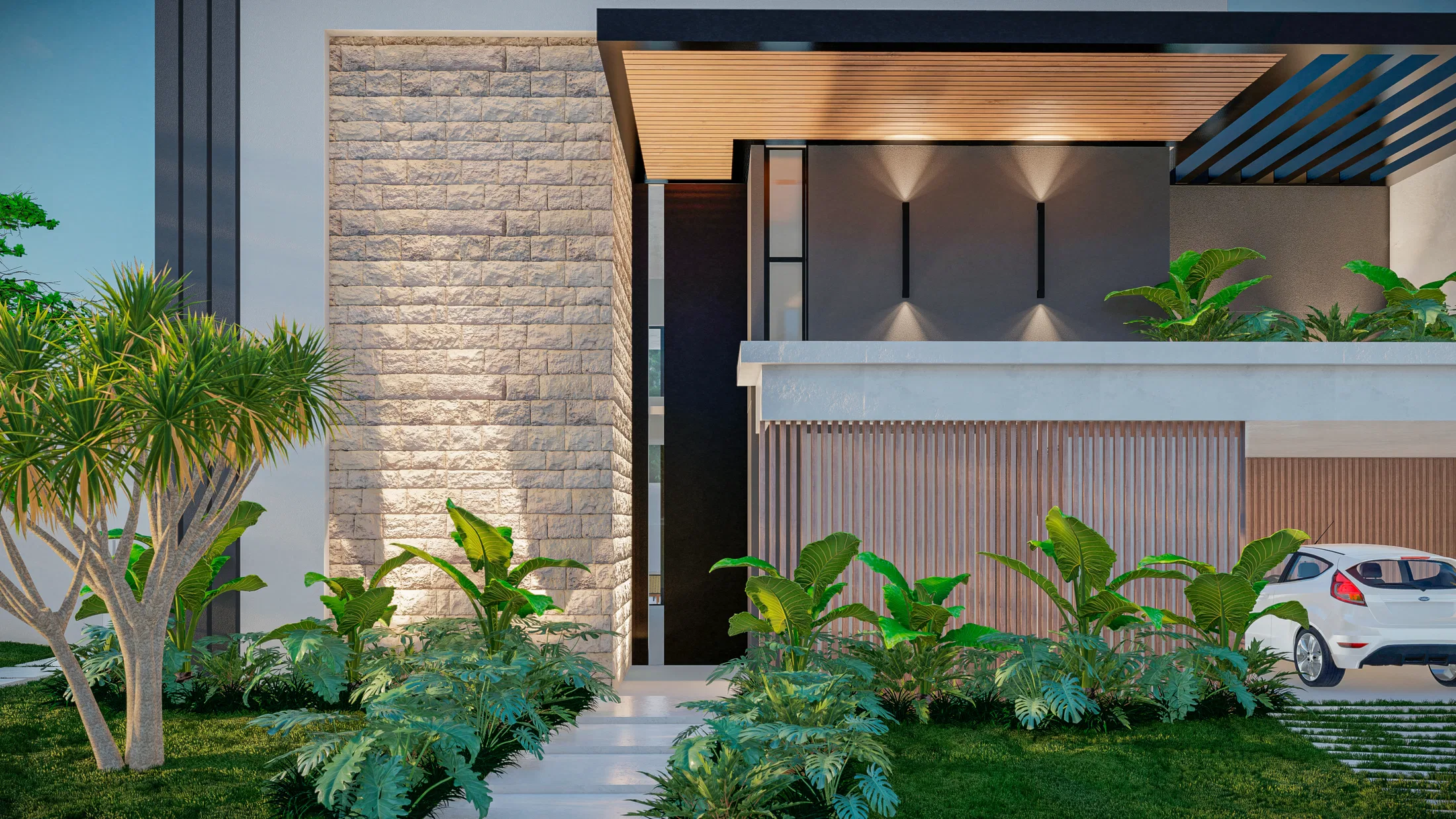 Acesso principal de uma casa moderna, com painel de pedra iluminado, porta pivotante escura, ripado de madeira e folhagem tropical ao entardecer.