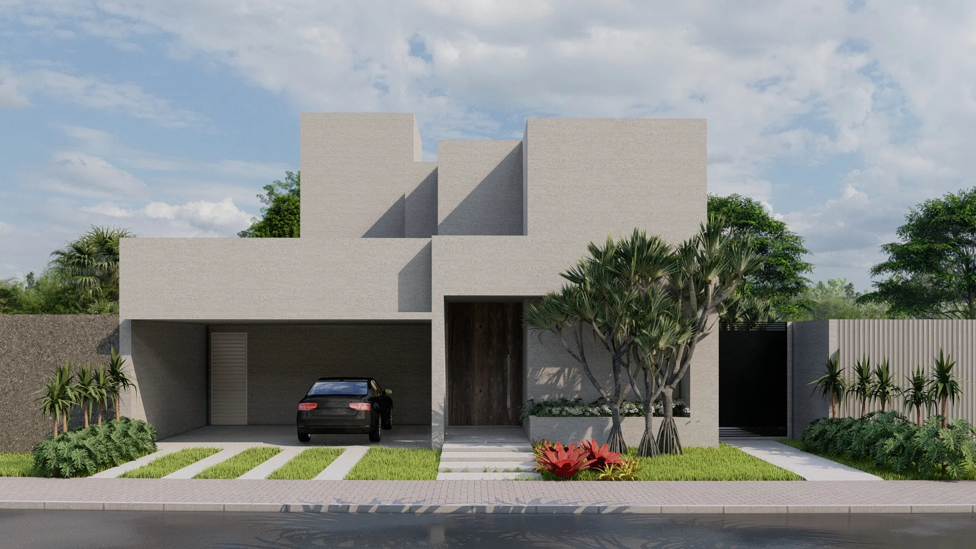 Fachada residencial contemporânea com volumes brancos escalonados, garagem coberta, portão preto e canteiro de entrada com bromélias vermelhas.