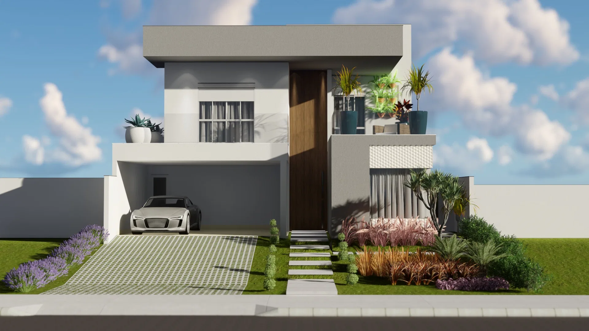 Fachada de sobrado contemporâneo em volumes brancos, porta de madeira, garagem com carro esportivo e jardim de acesso com lavandas e forrações