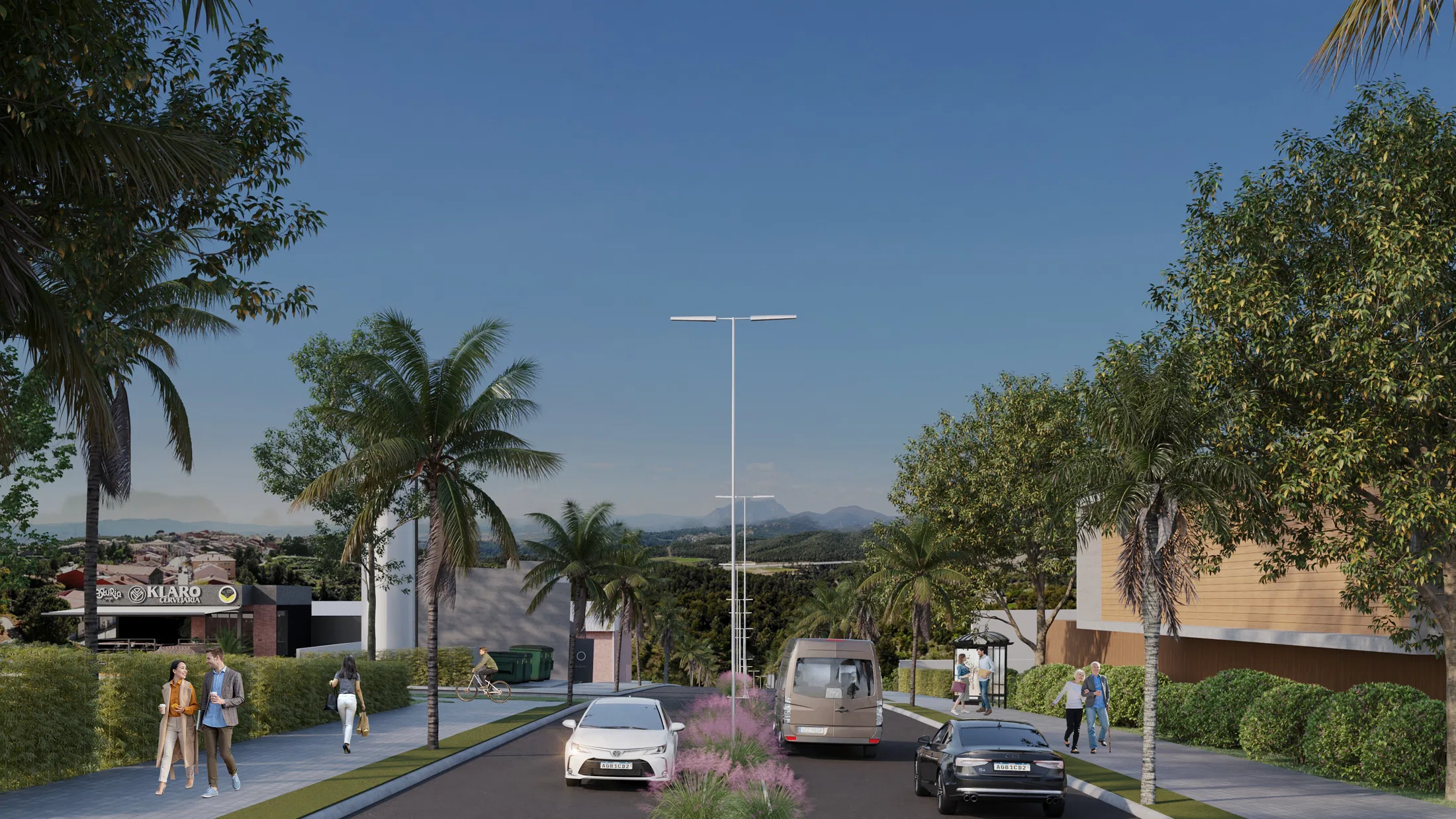 Rua interna arborizada do condomínio, com pedestres, carros estacionados e casas ao fundo sob céu azul