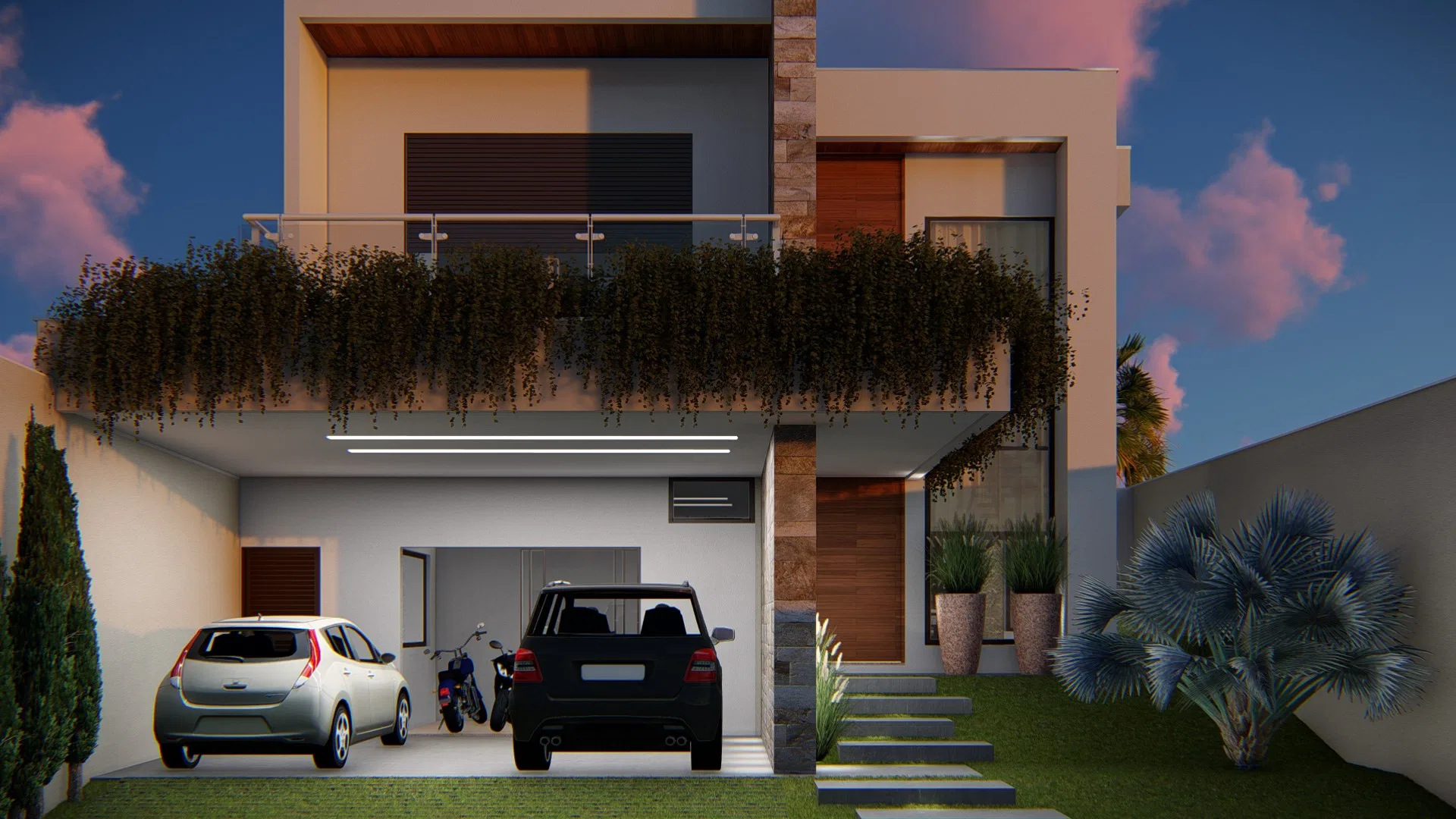 Fachada residencial ao entardecer com jardineira suspensa coberta de vegetação, revestimento em pedra e dois carros na garagem