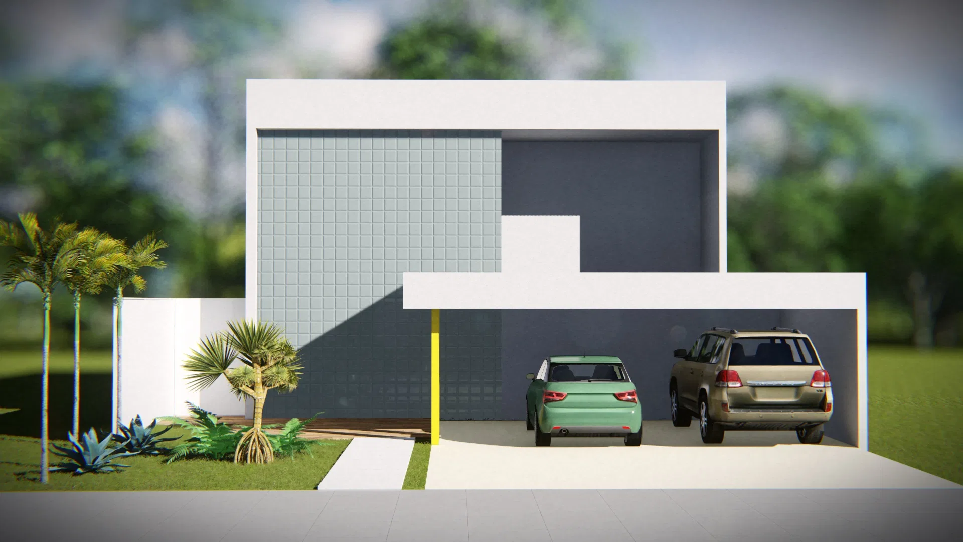 Fachada contemporânea de volumes brancos com painel de pastilhas verde-acinzentado e garagem aberta abrigando dois carros, ladeada por palmeiras e agaves