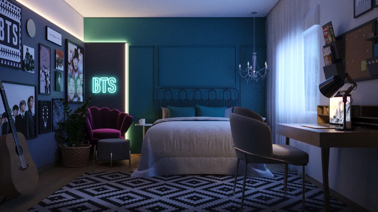 Quarto com letreiro neon 'BTS', mural de fotos, parede verde-petróleo e poltrona de veludo vinho ao lado da cama