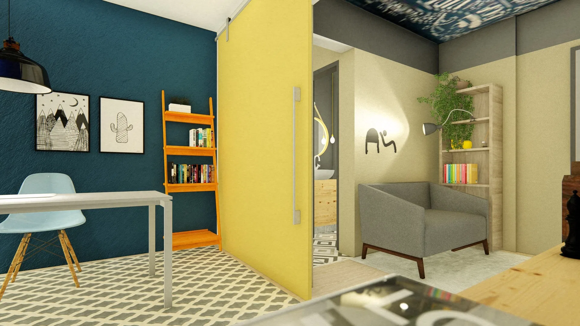 Home office com parede azul-petróleo, quadros emoldurados, estante escada laranja e escrivaninha branca, com painel deslizante amarelo dividindo o espaço
