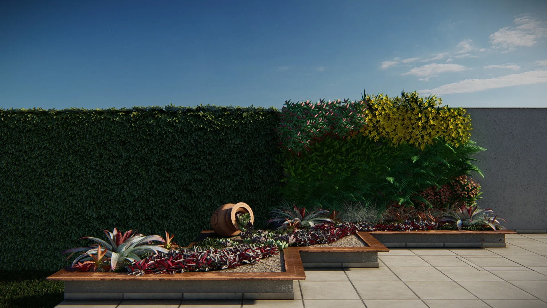 Terraço com cerca viva escura à esquerda e canteiros elevados de aço com bromélias, suculentas e um vaso de terracota tombado sob céu limpo