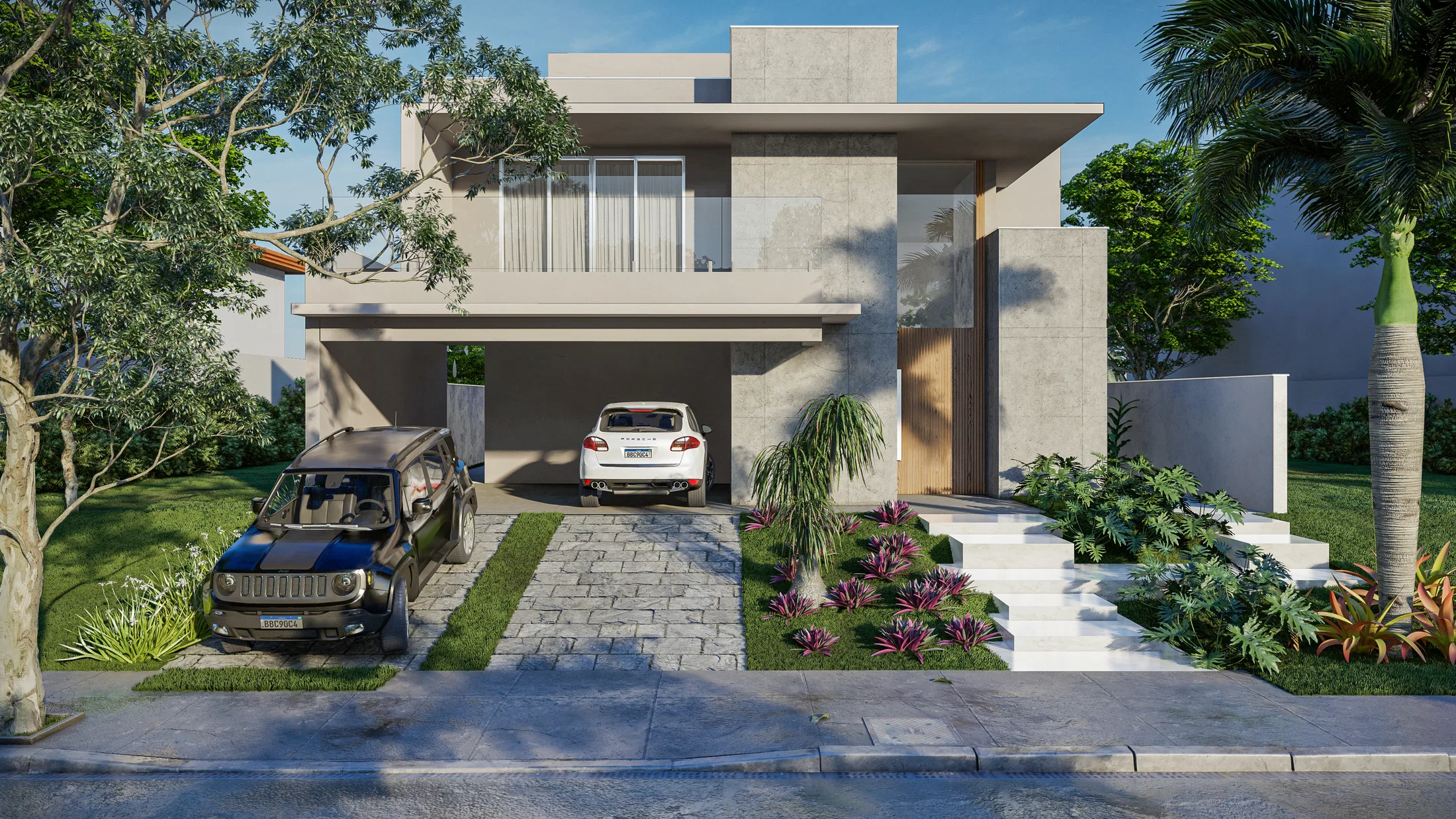 Fachada de residência contemporânea em concreto com garagem coberta, dois veículos e jardim de entrada com folhagens em tons de vinho