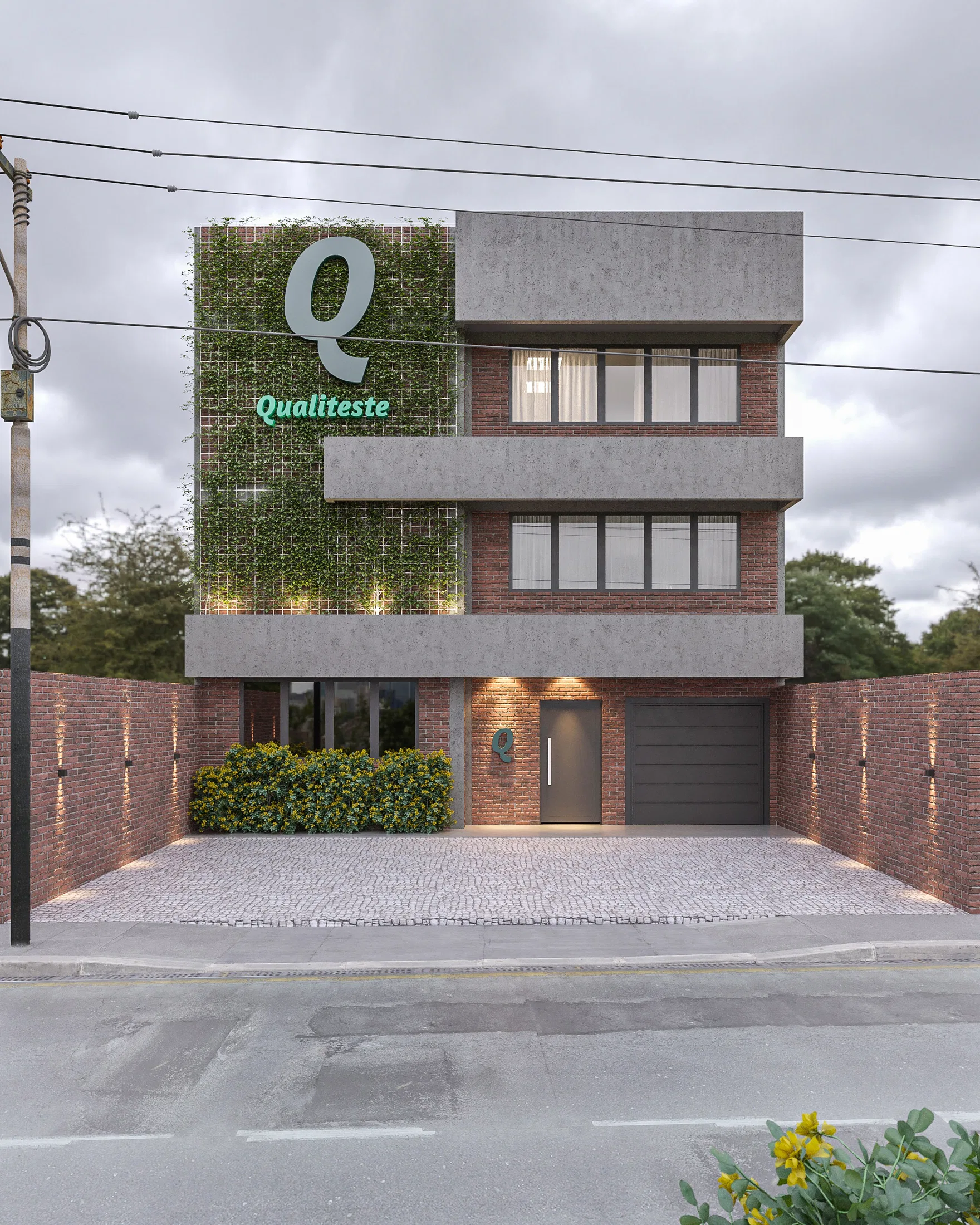 Fachada frontal de edifício comercial de três andares, com jardim vertical, logomarca Qualiteste e pátio pavimentado sob céu nublado.