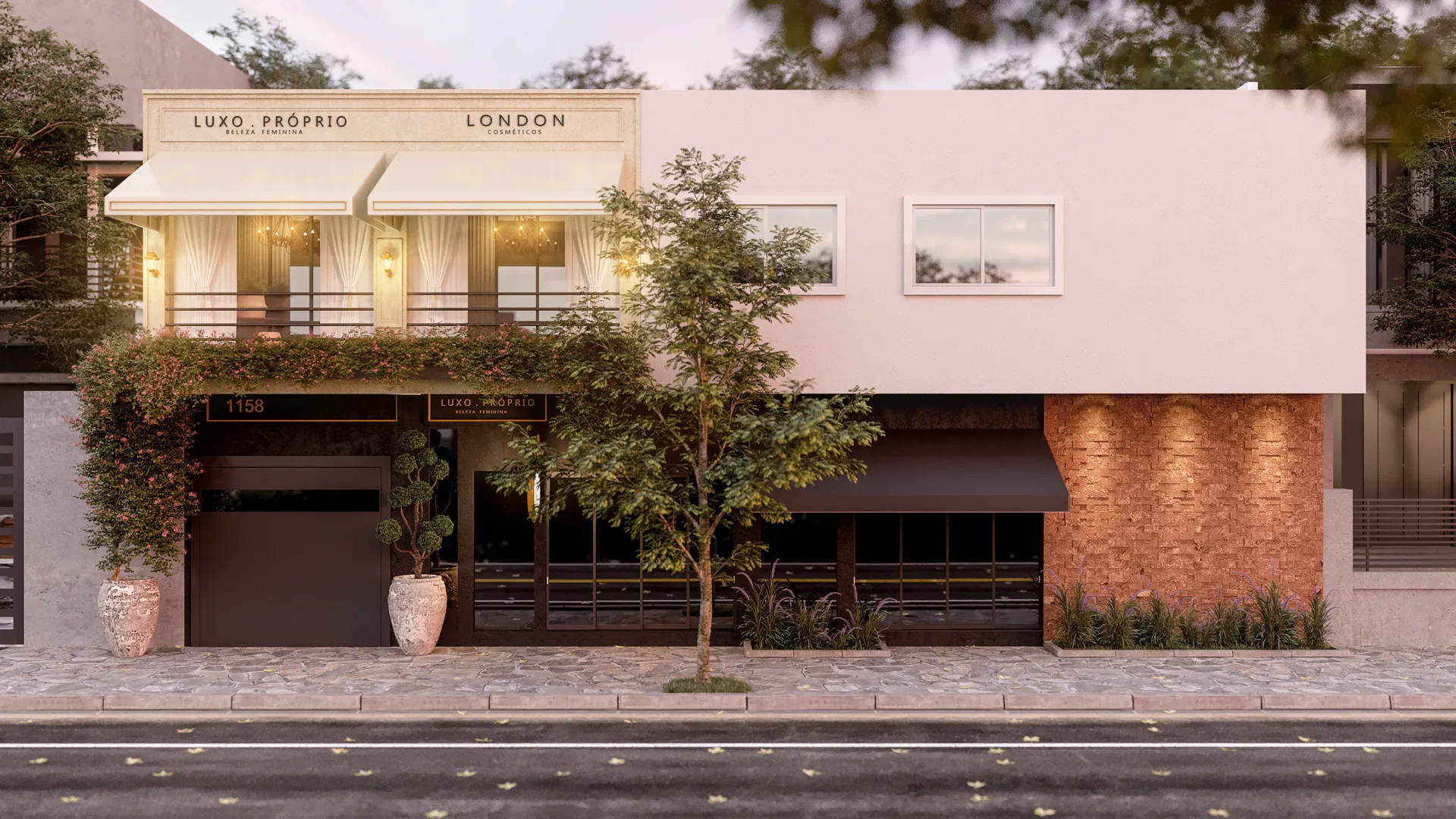 Fachada de edifício comercial de dois andares ao entardecer, com o salão Luxo Próprio e a loja London iluminados sob toldo listrado