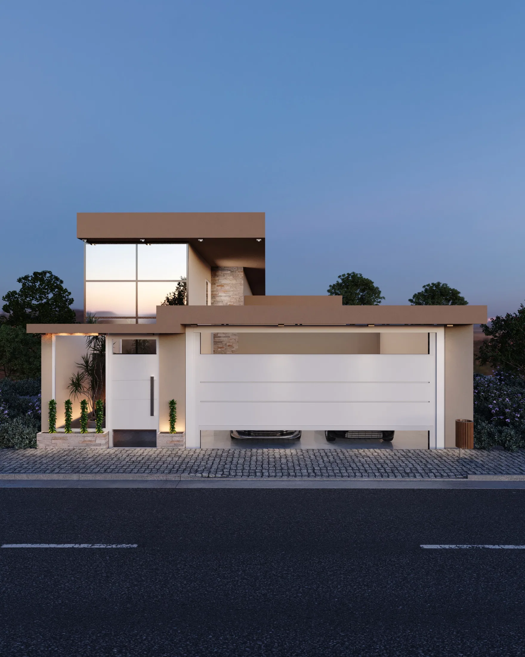 Fachada noturna de residência com garagem para dois carros, portão branco e jardim frontal iluminado